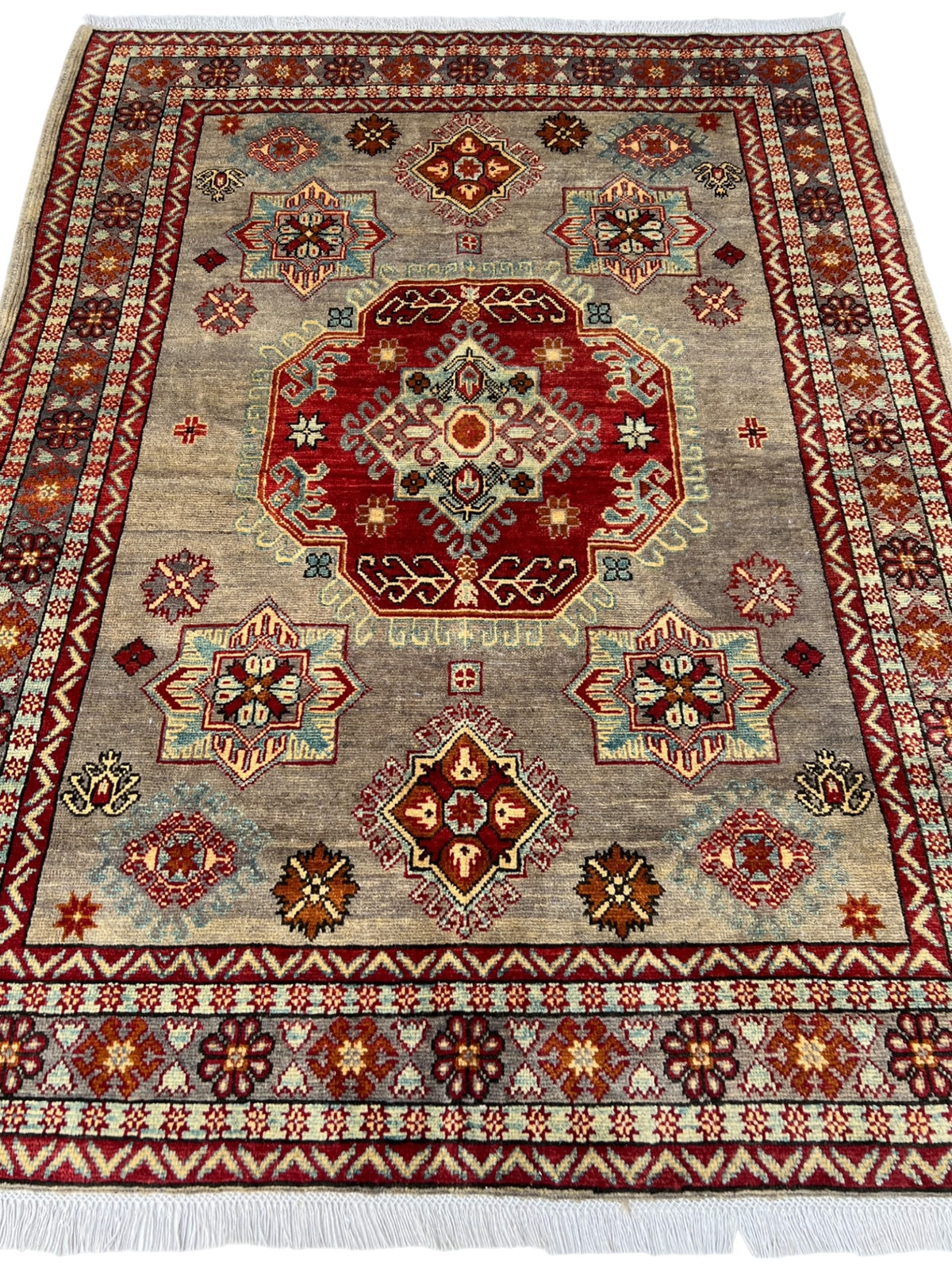 Kazak Rug 5x7 | Gray, Red & Ivory | hand-knotted wool