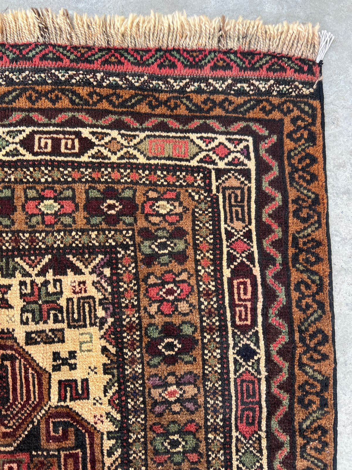 Baluch Rug 3x5 | Ivory, Brown & Rust | hand-knotted wool | close-up of pile and border