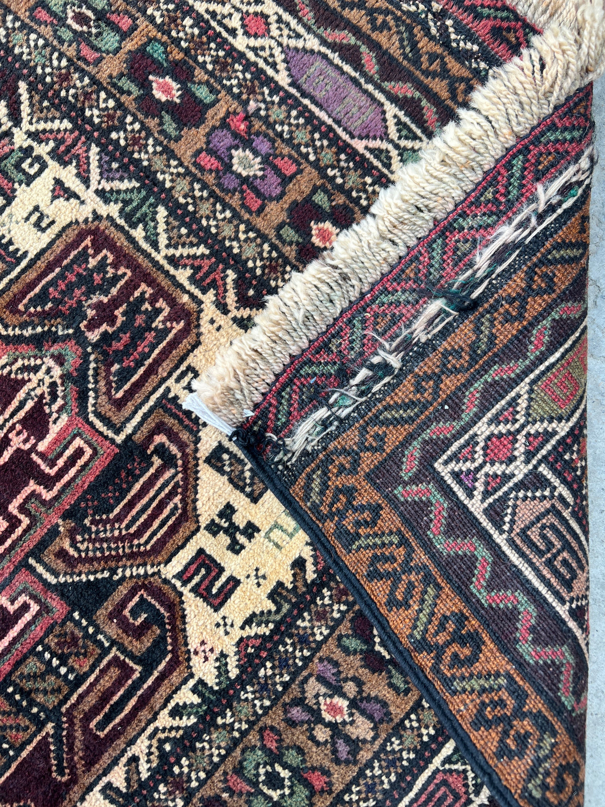 Baluch Rug 3x5 | Ivory, Brown & Rust | hand-knotted wool | back of rug, knot detail