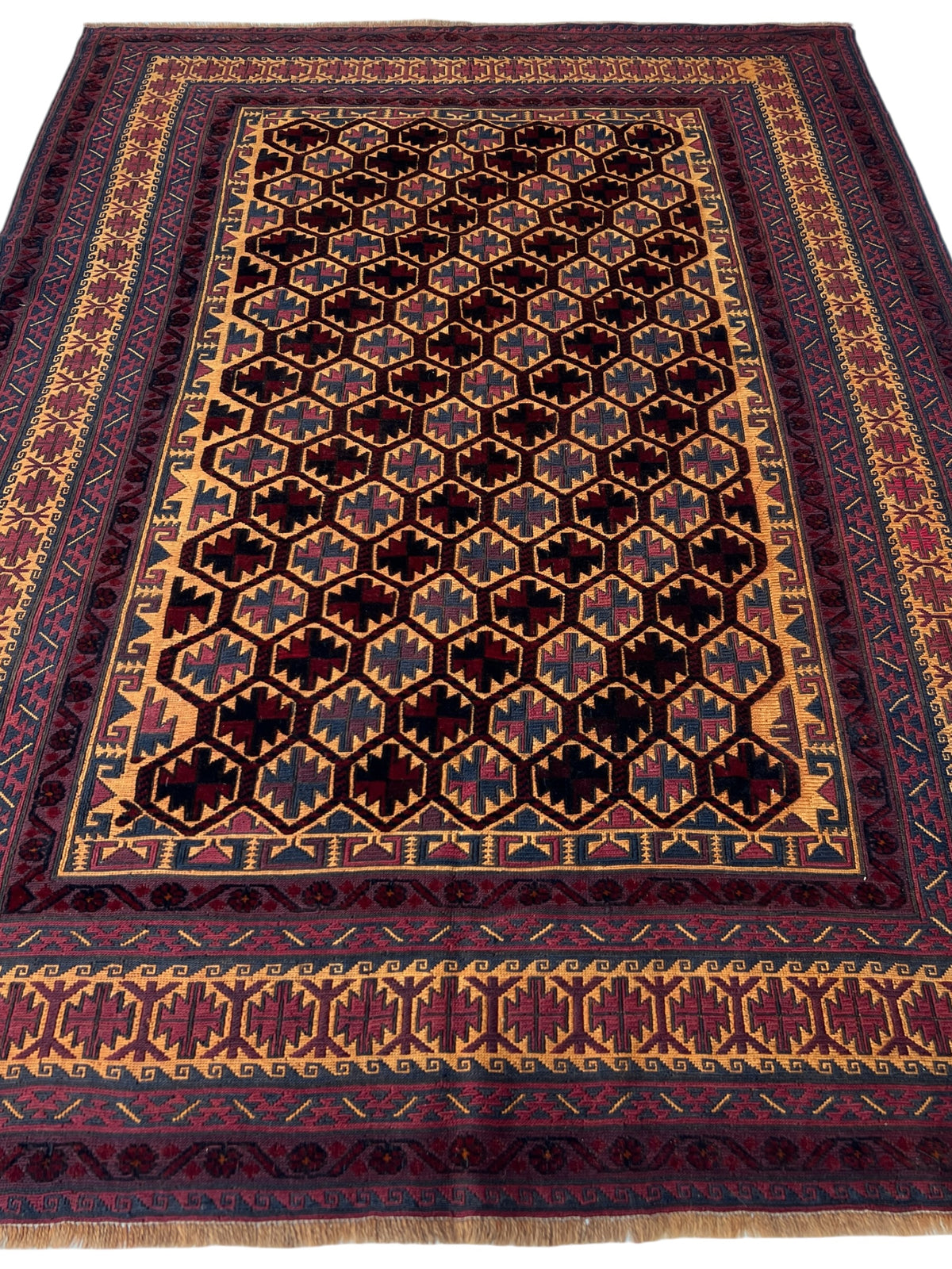 Baluch Rug 6x9 | Black, Gold & Burgundy | hand-knotted wool | full view, end