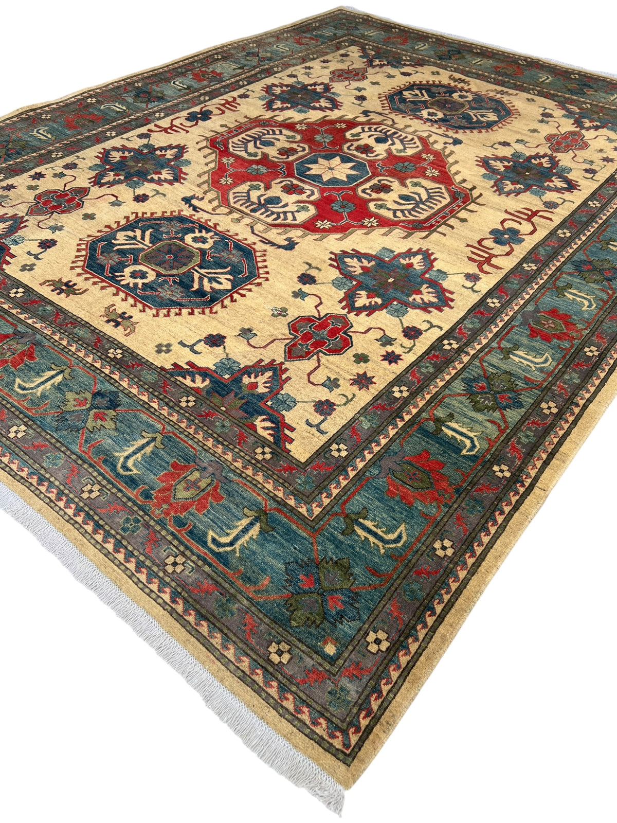 Kazak Rug 10x13 | Ivory, Red & Navy | hand-knotted wool | angled view