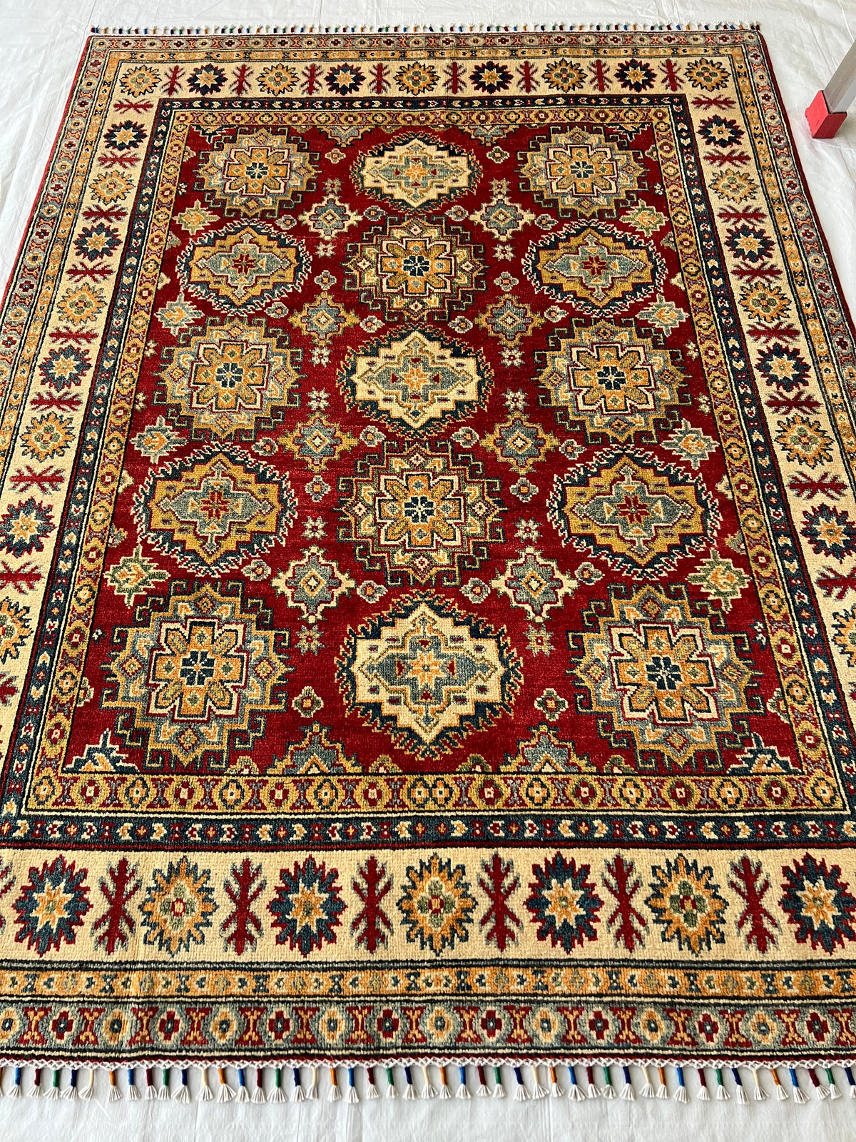 Kazak Rug 5x7 | Ivory, Red & Blue | hand-knotted wool | full view, other end