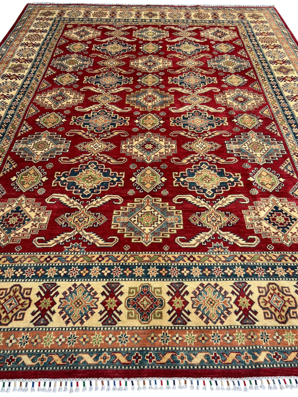 Kazak Rug 9x12 | Red, Ivory & Blue | hand-knotted wool | full view, other end