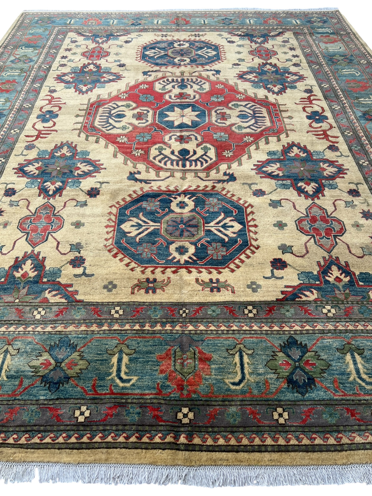 Kazak Rug 10x13 | Ivory, Red & Navy | hand-knotted wool | full view, end