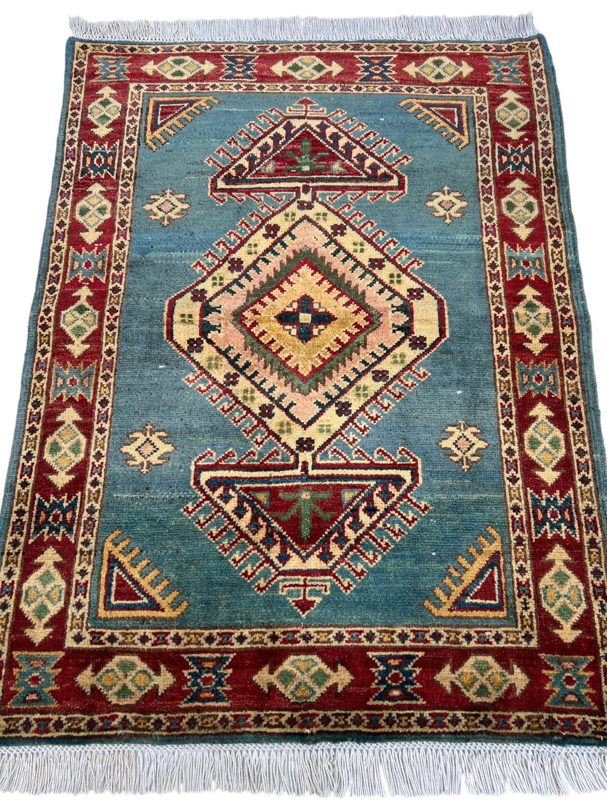 Kazak Rug 3x4 | Blue, Red & Ivory | hand-knotted wool | full view, end