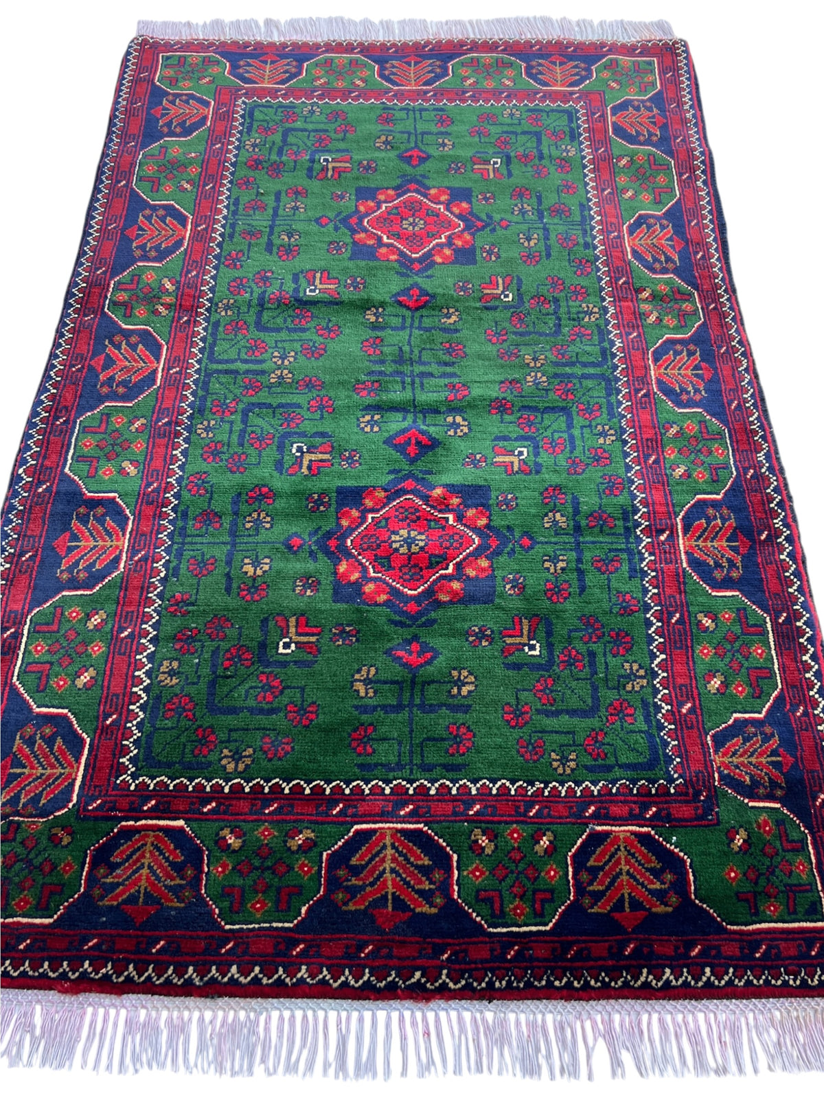 Bukhara Rug 3x5 | Green, Navy & Red | hand-knotted wool | full view, other end