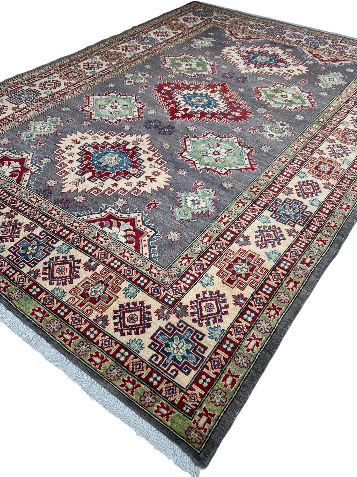 Kazak Rug 8x8 | Charcoal, Red & Ivory | hand-knotted wool | angled view