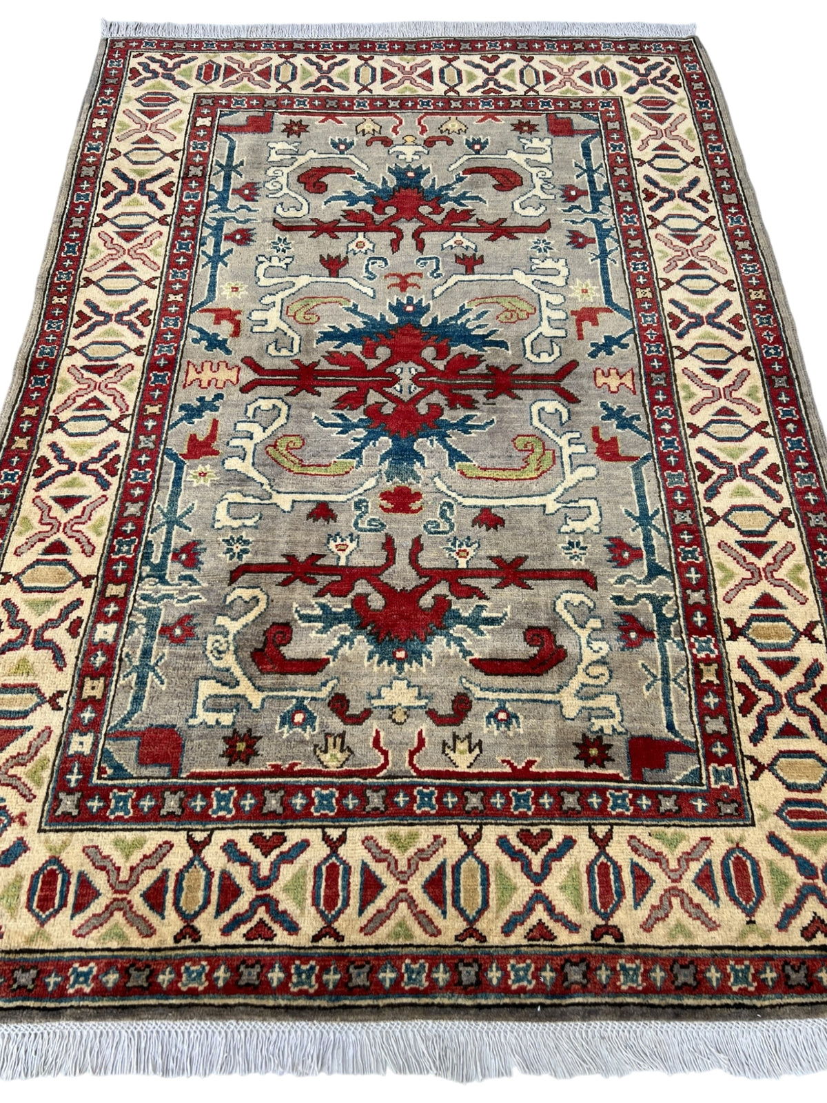 Kazak Rug 4x6 | Gray, Red & Navy | hand-knotted wool | full view, end