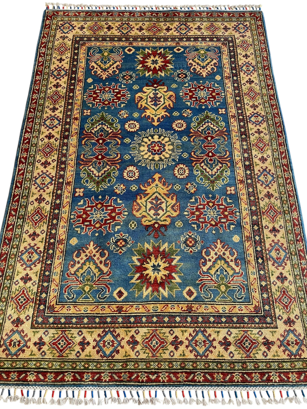 Kazak Rug 4x6 | Blue, Red & Ivory | hand-knotted wool | full view, end
