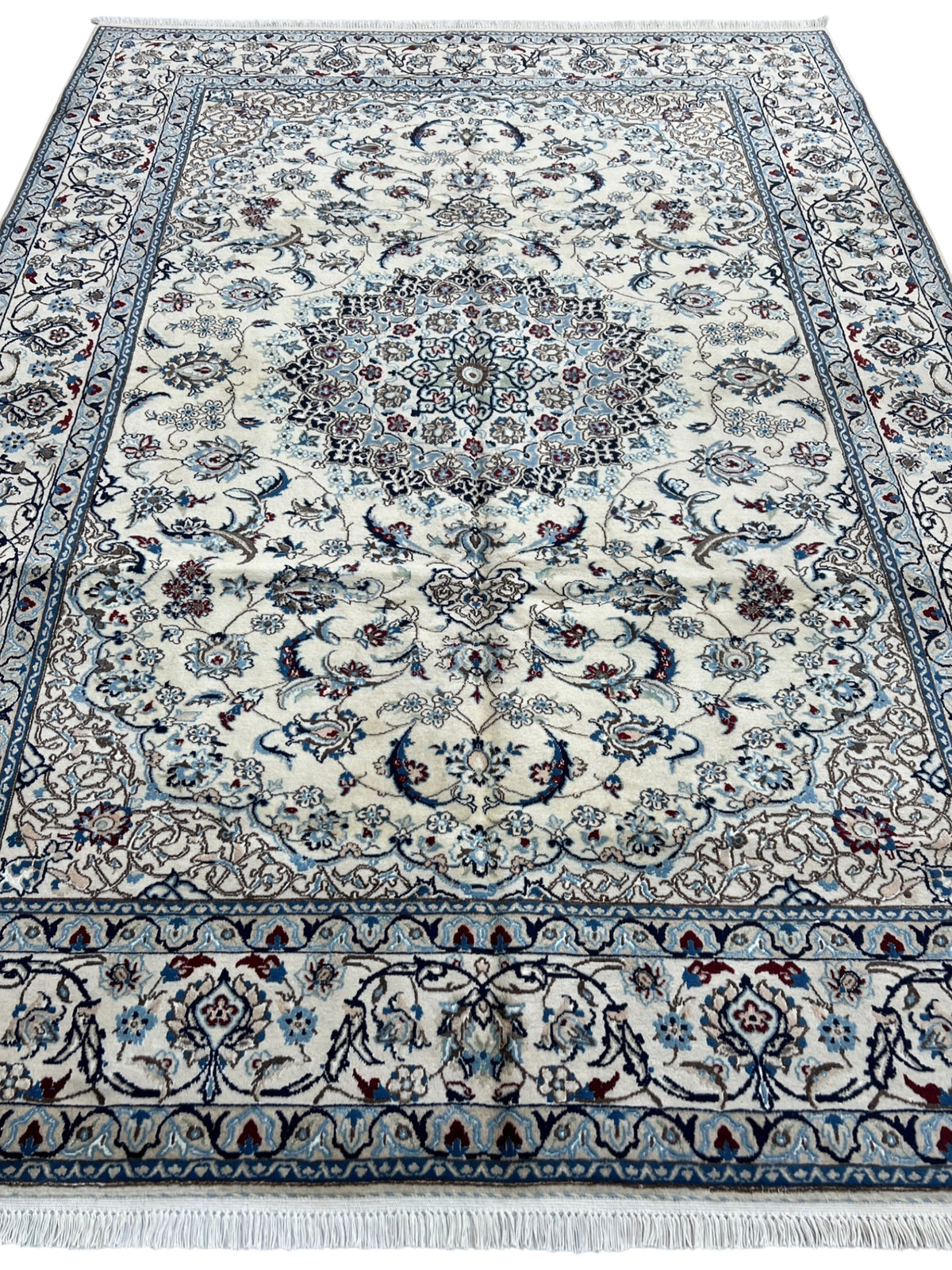 Nain Rug 7x9 | Ivory, Navy & Blue | hand-knotted wool | full view, other end