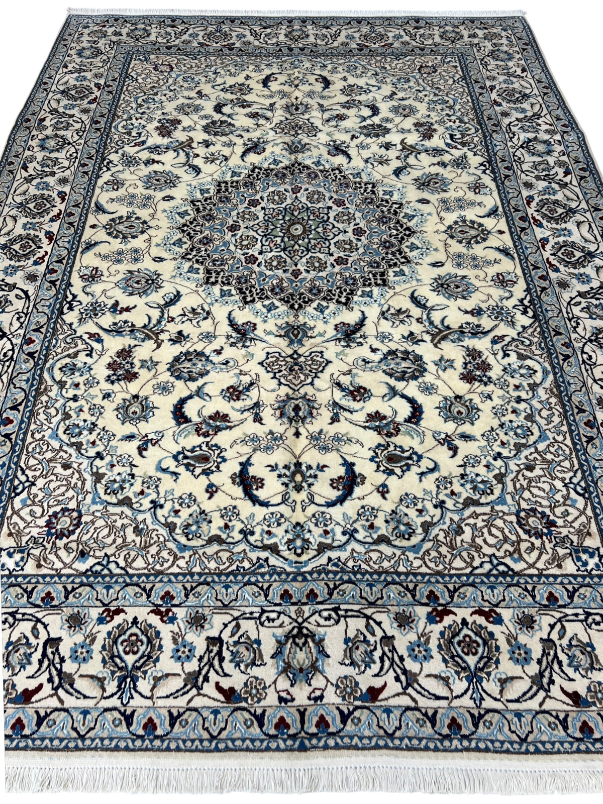 Nain Rug 7x9 | Ivory, Navy & Blue | hand-knotted wool | full view, end
