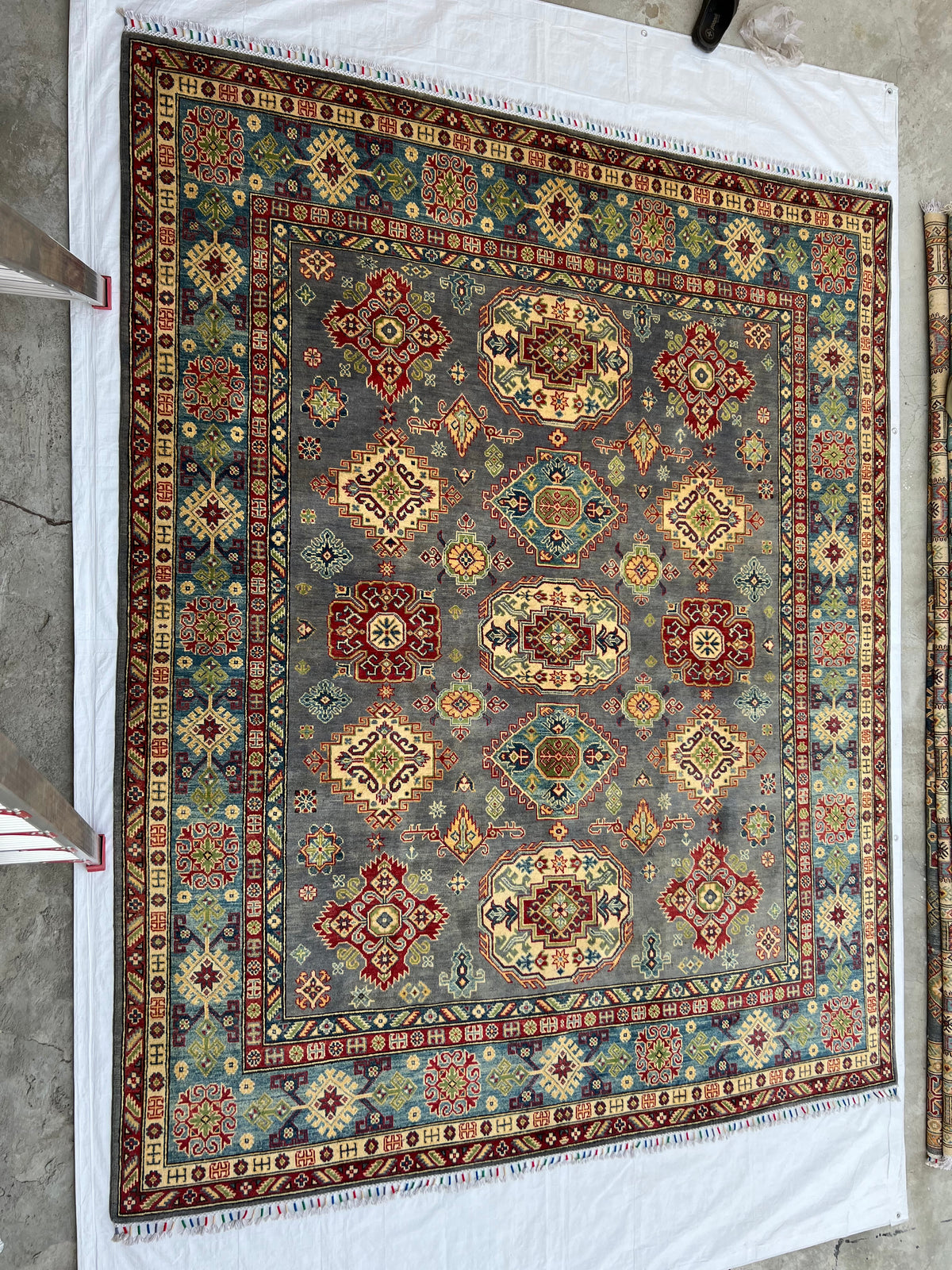 Kazak Rug 8x10 | Gray, Ivory & Red | hand-knotted wool