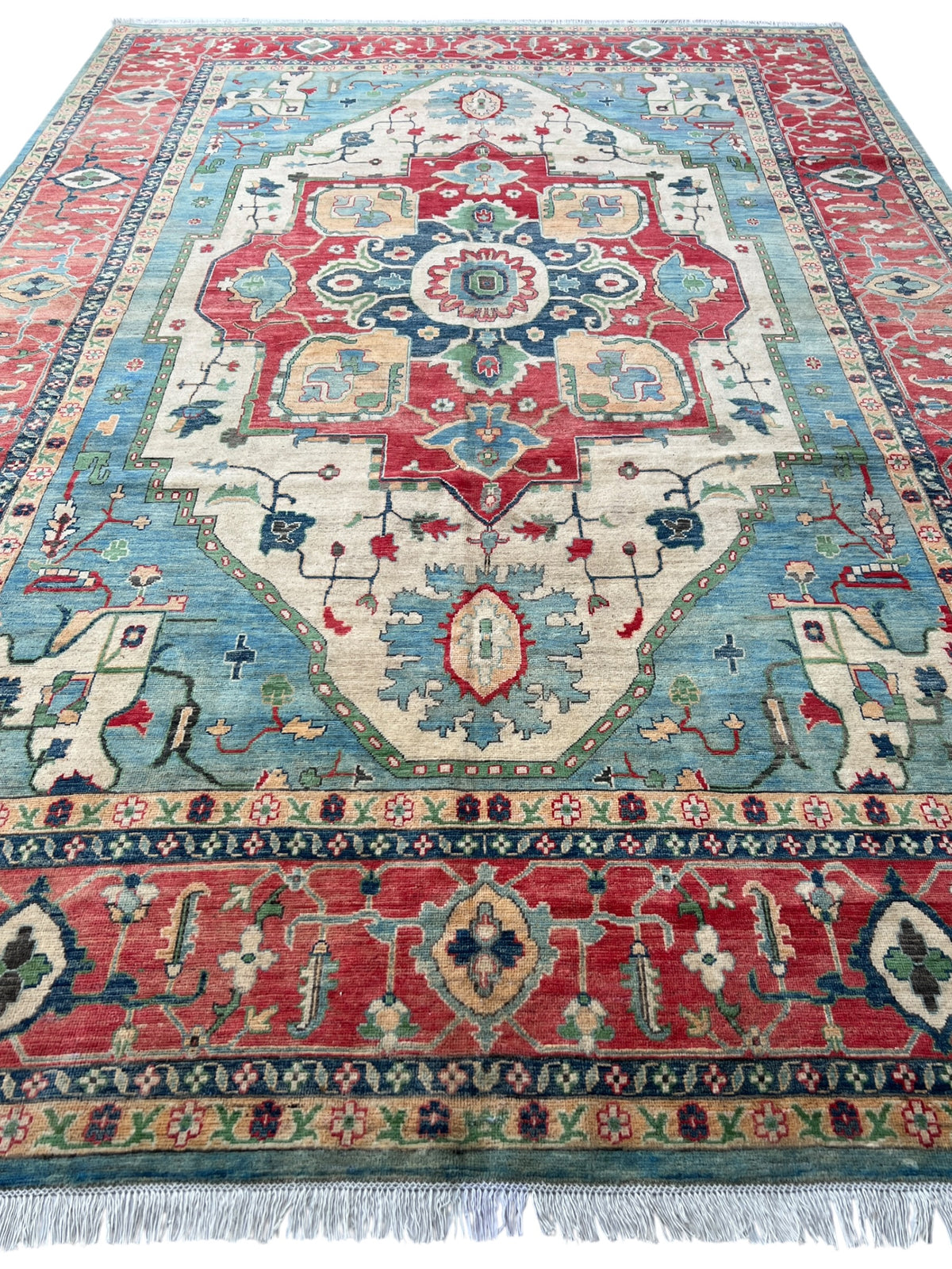 Kazak Rug 9x14 | Teal, Ivory & Red | hand-knotted wool | full view, end
