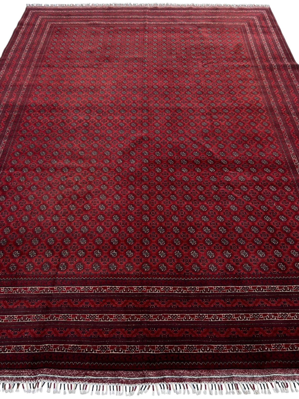 Turkmen Rug 8x11 | Red, Navy & Ivory | hand-knotted wool | full view, other end