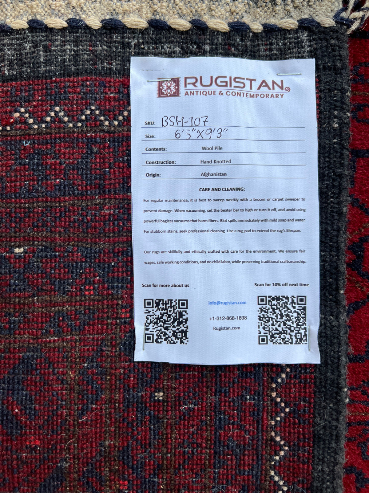 Bashiri Rug 6x9 | Red, Burgundy & Navy | hand-knotted wool | Rugistan® rug ID tag
