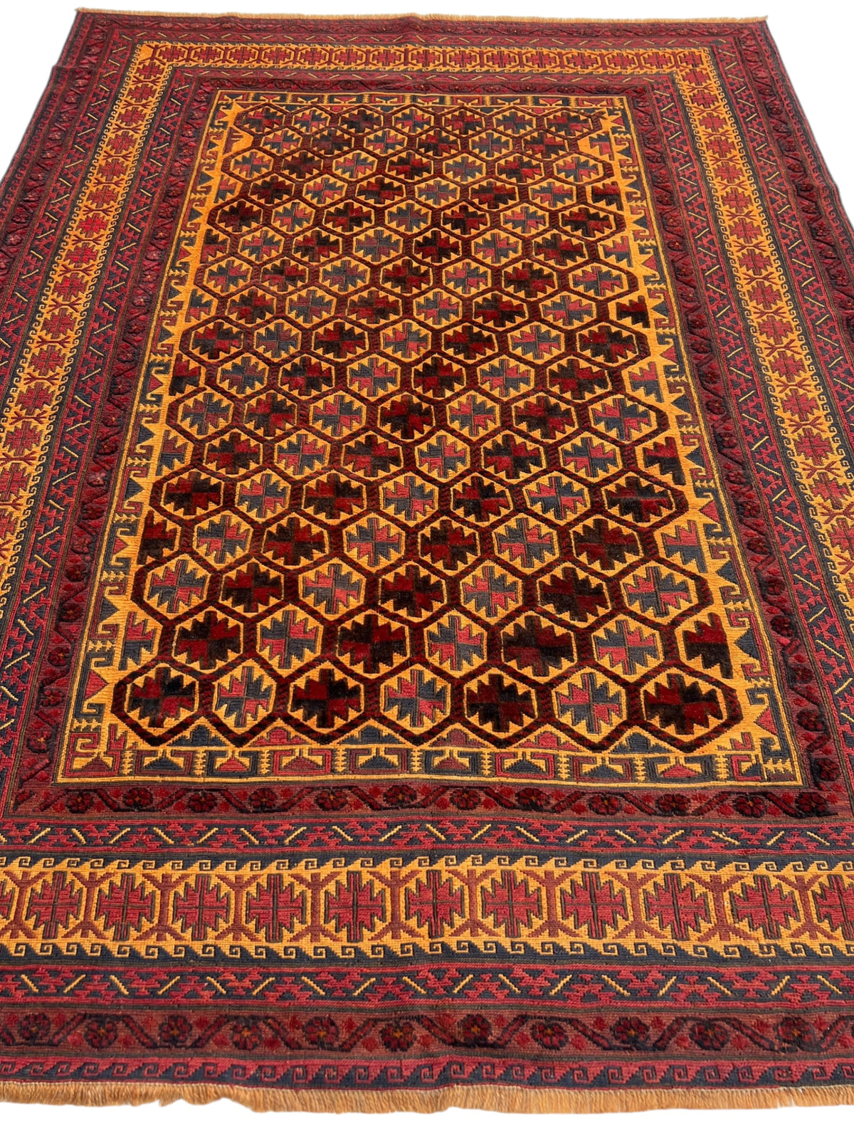 Baluch Rug 6x9 | Black, Gold & Burgundy | hand-knotted wool | full view, other end