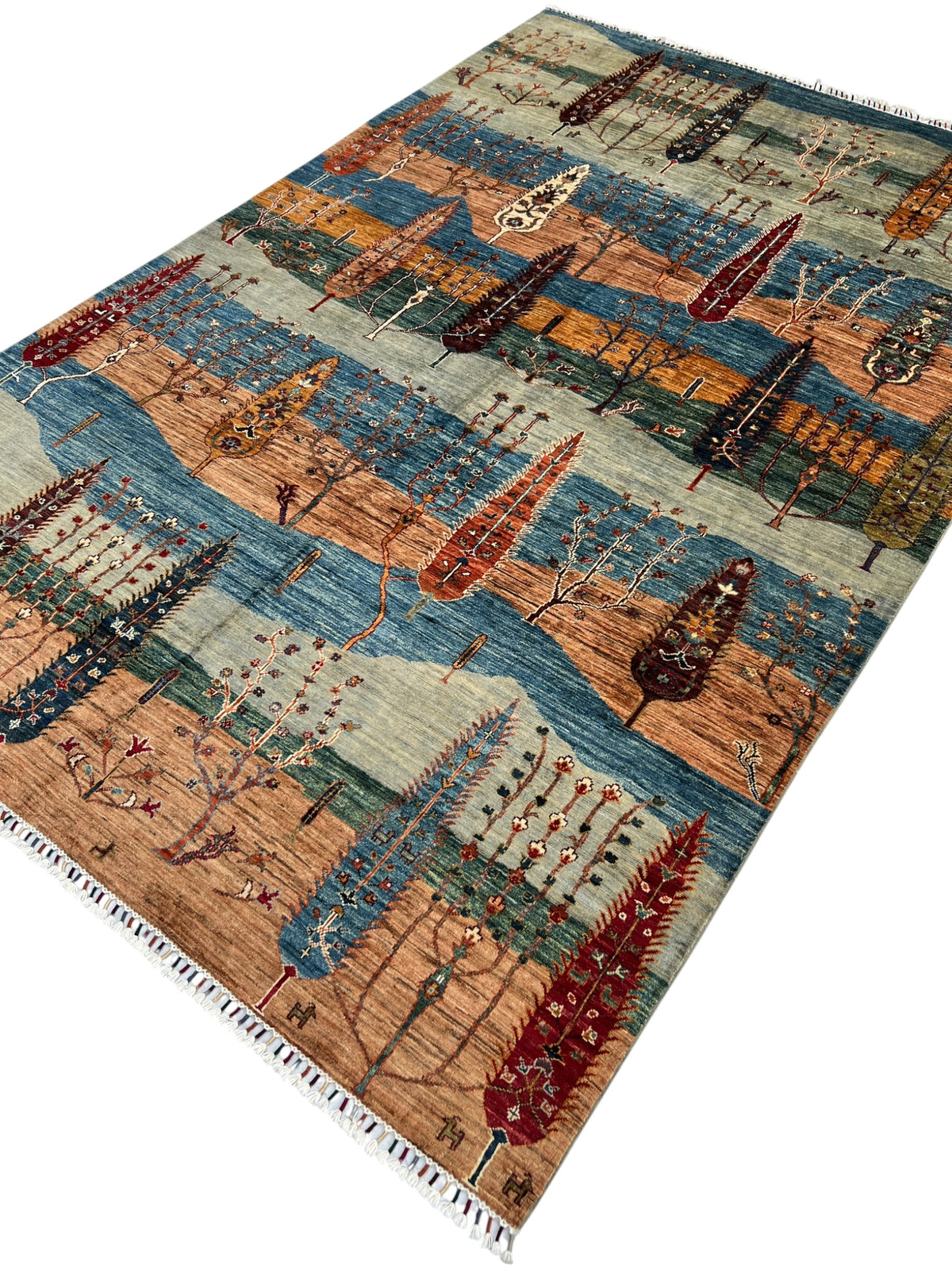 Gabbeh Rug 7x10 | Blue, Peach & Navy | hand-knotted wool | angled view
