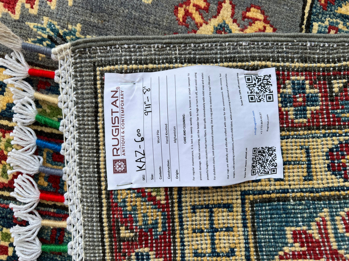 Kazak Rug 8x10 | Gray, Ivory & Red | hand-knotted wool | Rugistan® rug ID tag
