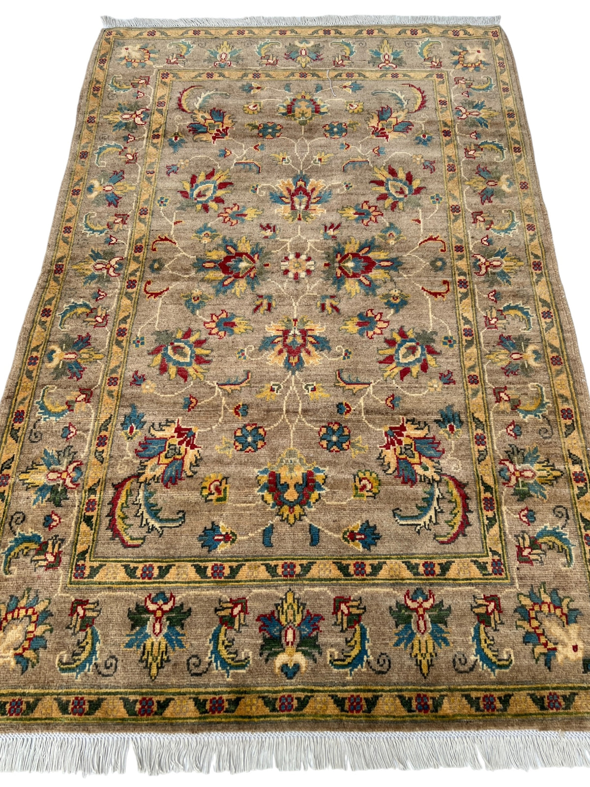 Kazak Rug 4x6 | Taupe, Gold & Red | hand-knotted wool | full view, end