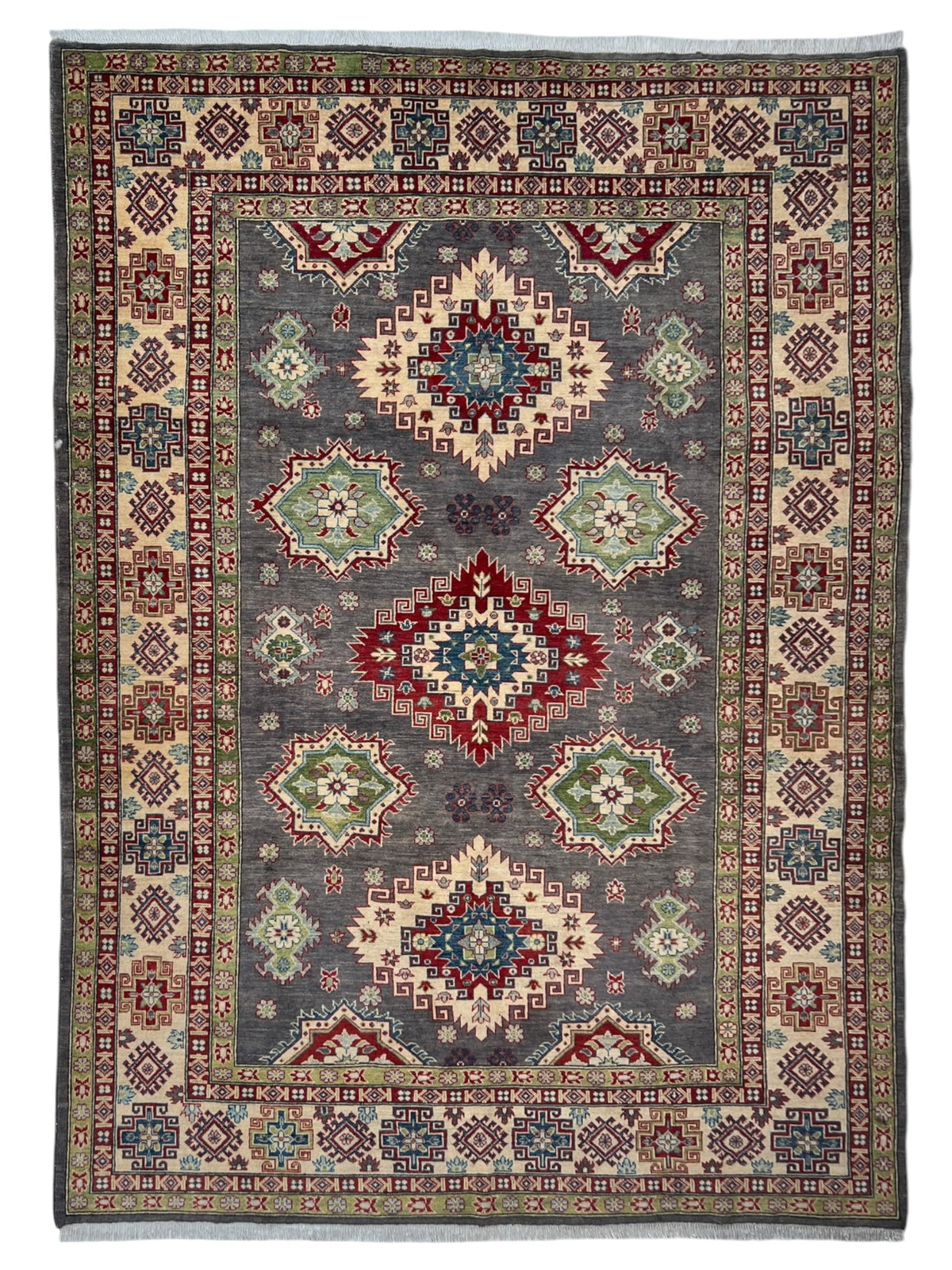 Kazak Rug 8x8 | Charcoal, Red & Ivory | hand-knotted wool