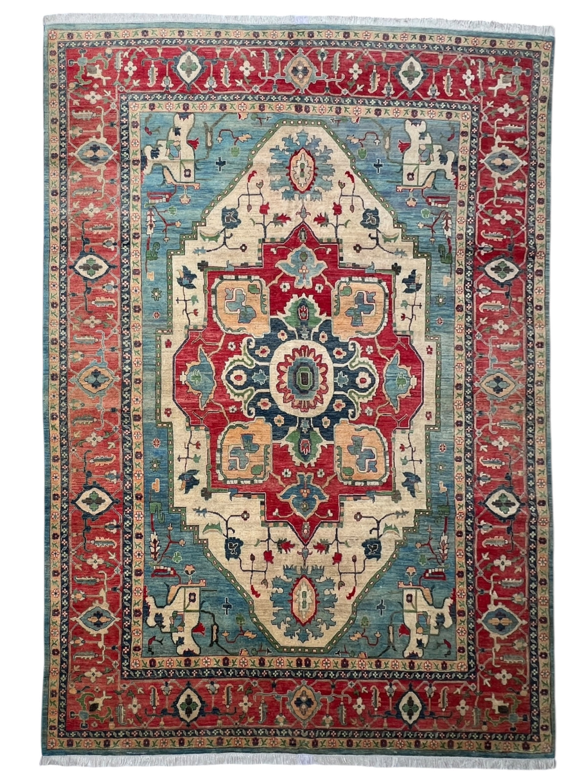 Kazak Rug 9x14 | Teal, Ivory & Red | hand-knotted wool
