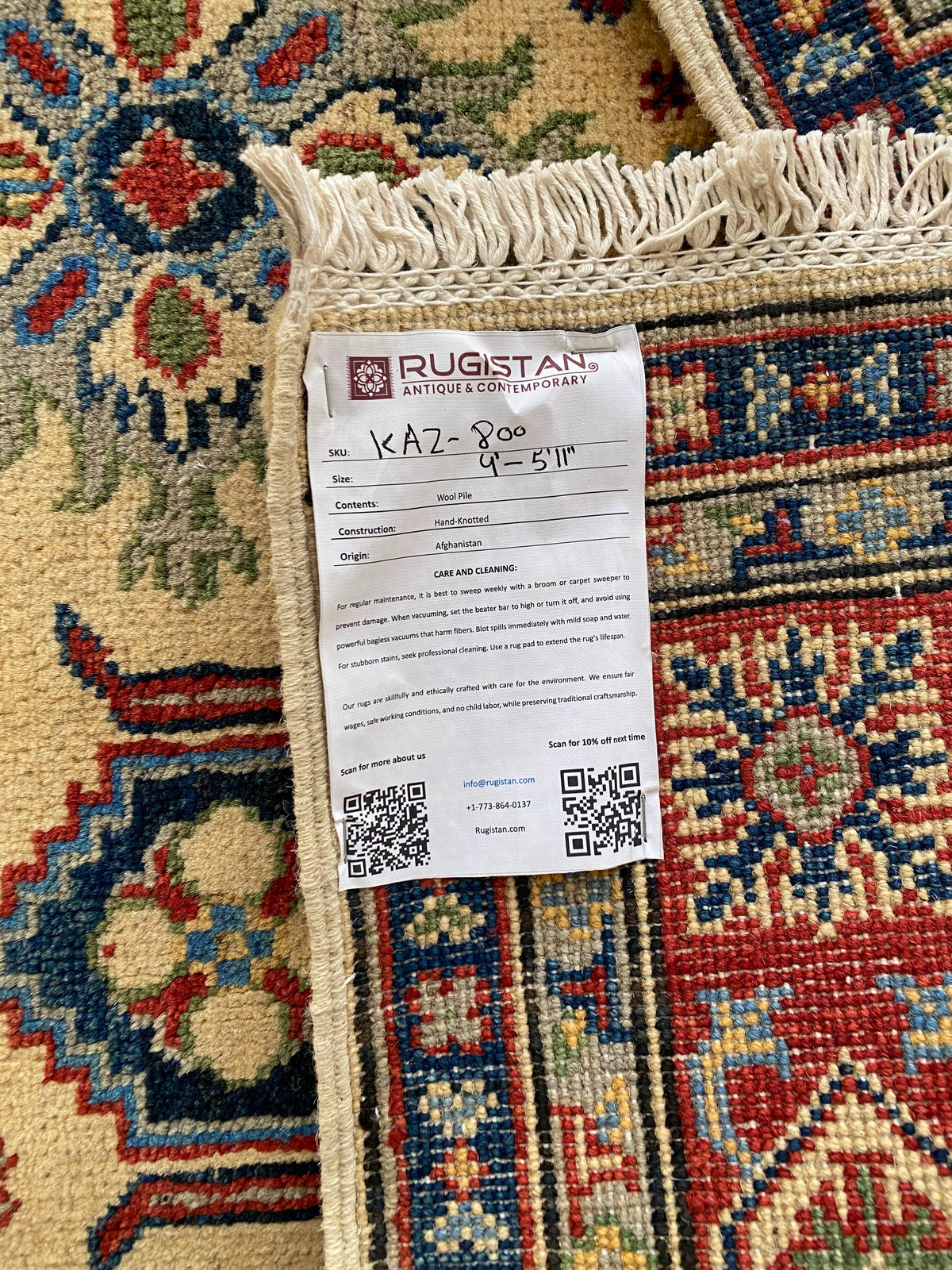 Kazak Rug 4x6 | Ivory, Red & Navy | hand-knotted wool | Rugistan® rug ID tag