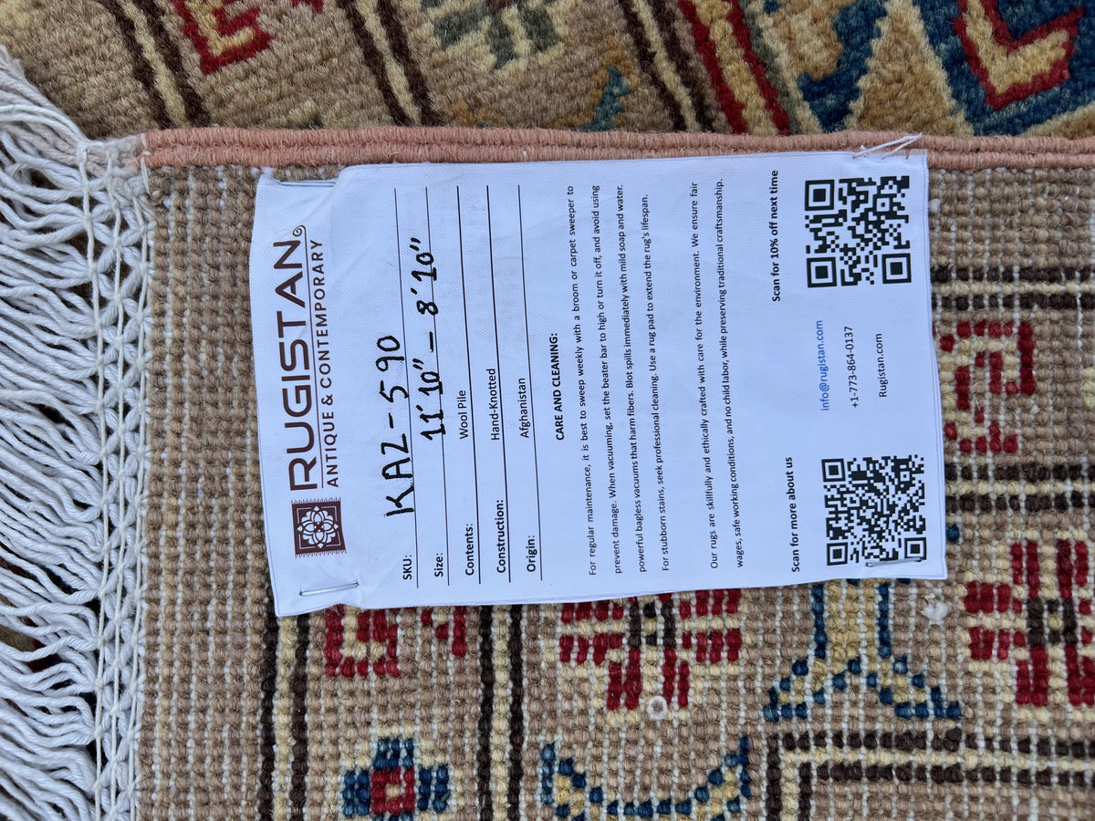 Kazak Rug 9x12 | Taupe, Navy & Red | hand-knotted wool | Rugistan® rug ID tag
