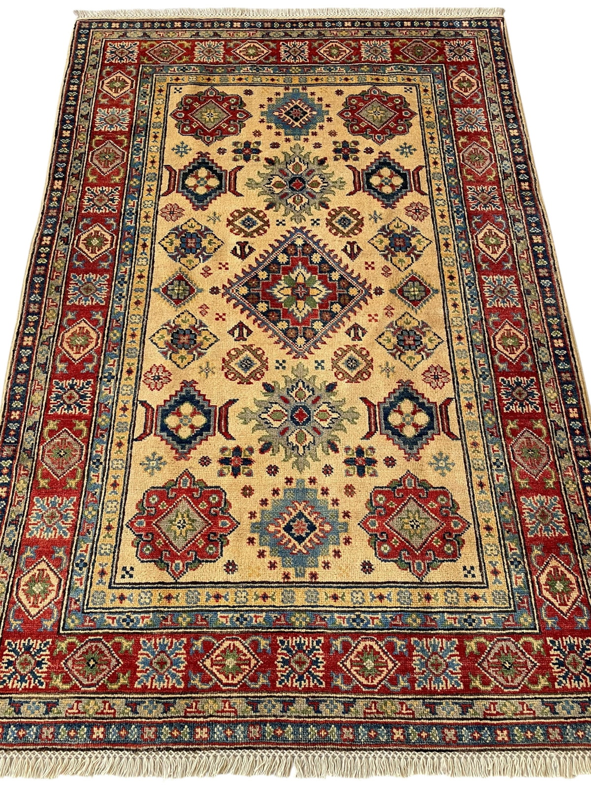 Kazak Rug 4x6 | Ivory, Red & Navy | hand-knotted wool | full view, other end