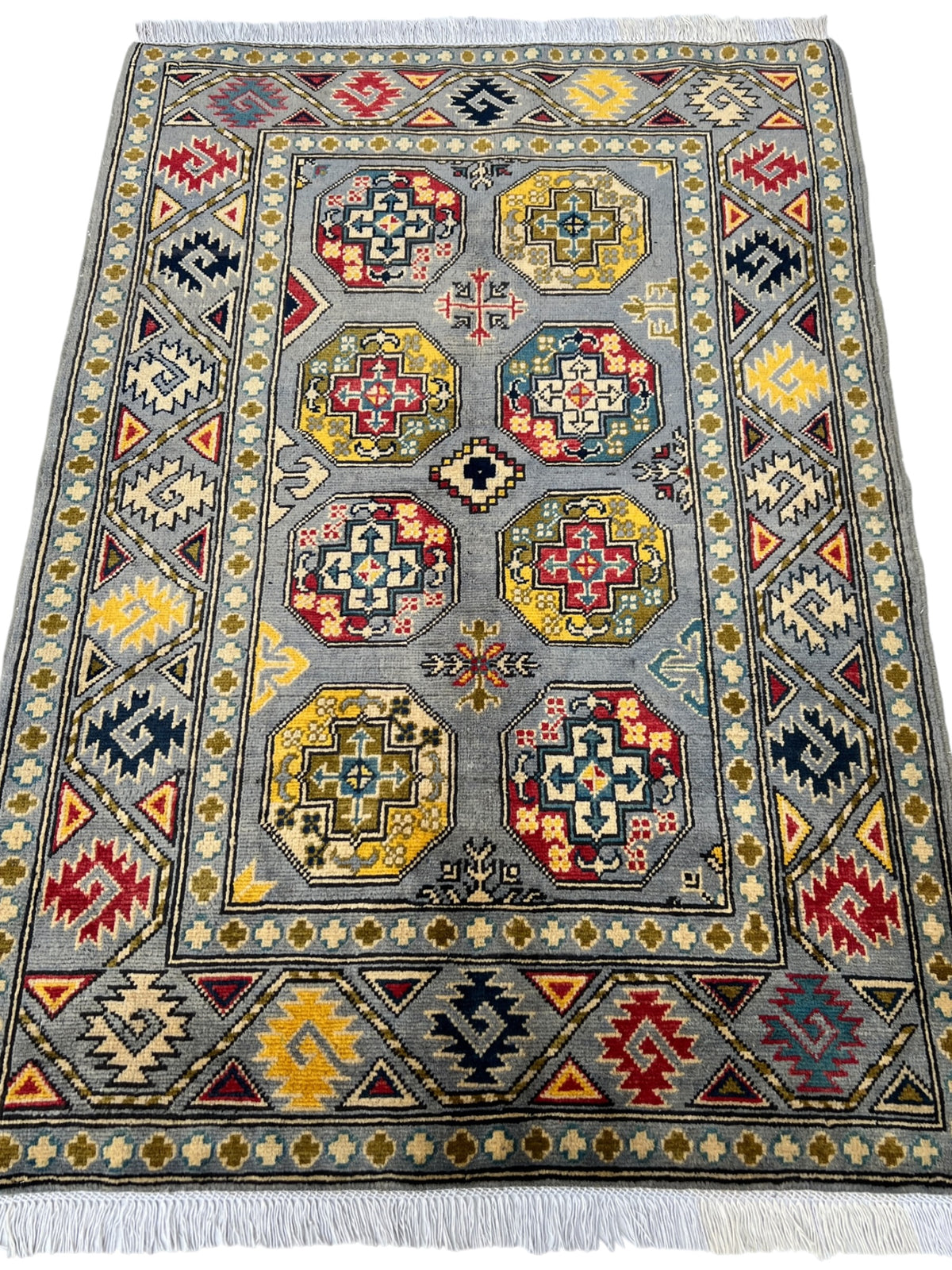 Kazak Rug 4x5 | Gray, Gold & Red | hand-knotted wool | full view, end