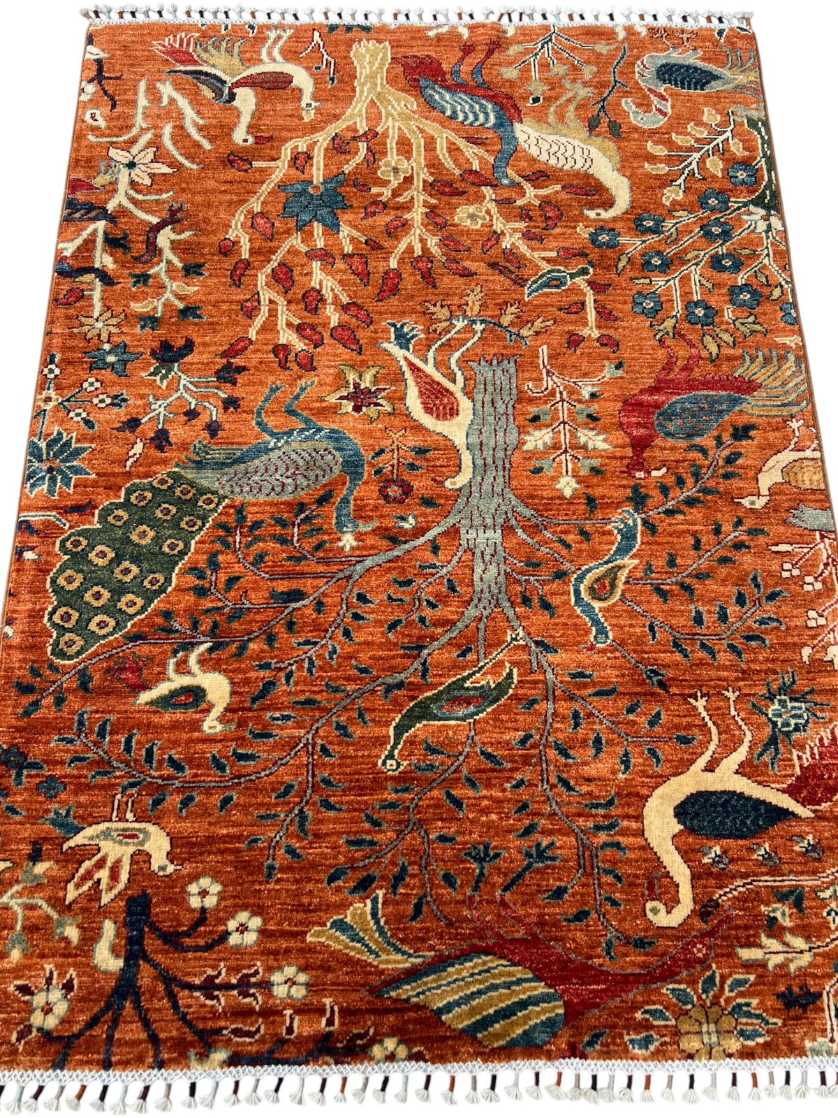 Pictorial Rug 4x5 | Orange, Rust & Navy | hand-knotted wool | full view, end
