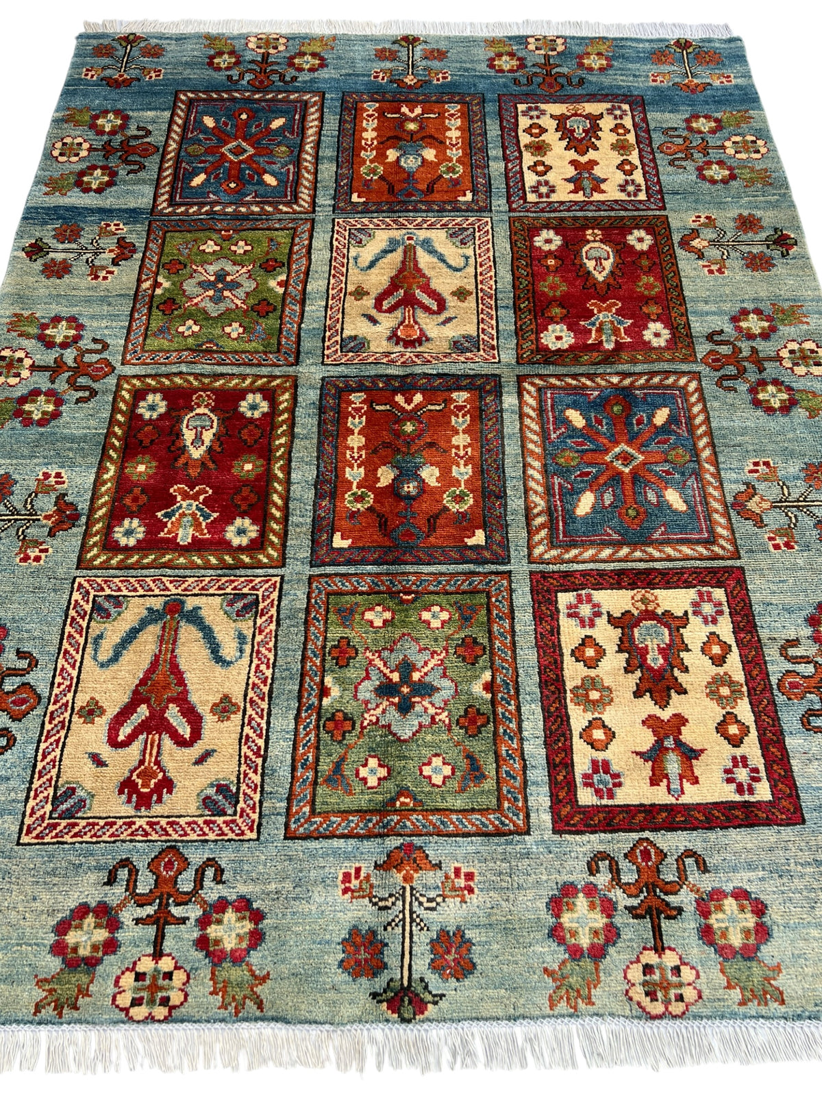 Kazak Rug 5x6 | Light Blue, Red & Gold | hand-knotted wool | full view, other end