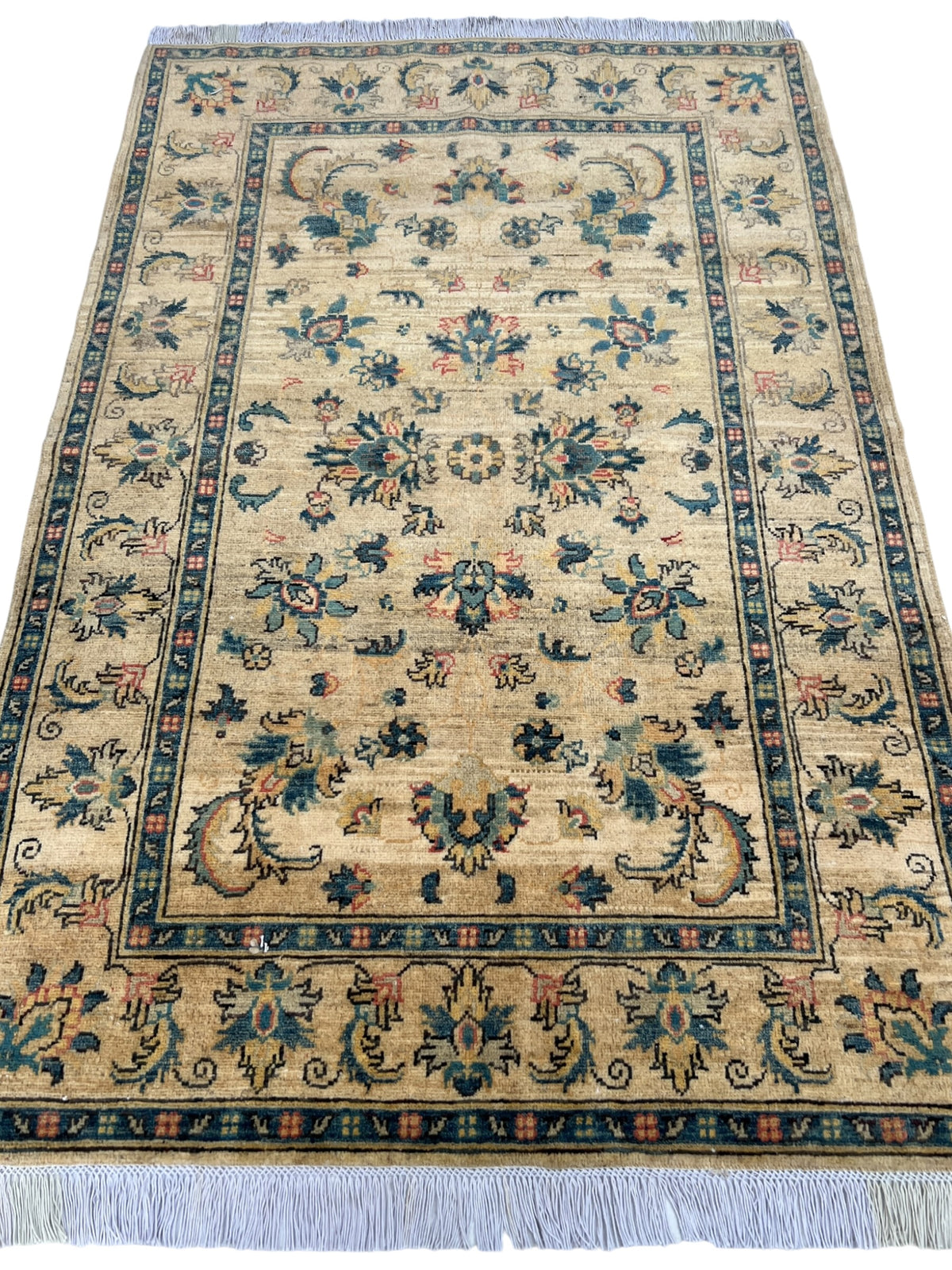 Kazak Rug 4x6 | Beige, Teal & Navy | hand-knotted wool | full view, end