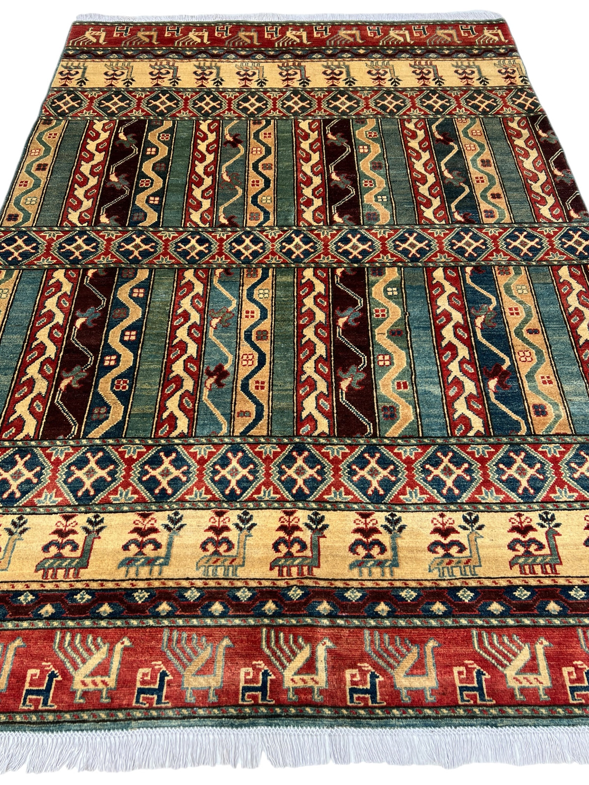 Kazak Rug 6x8 | Green, Red & Ivory | hand-knotted wool | full view, end