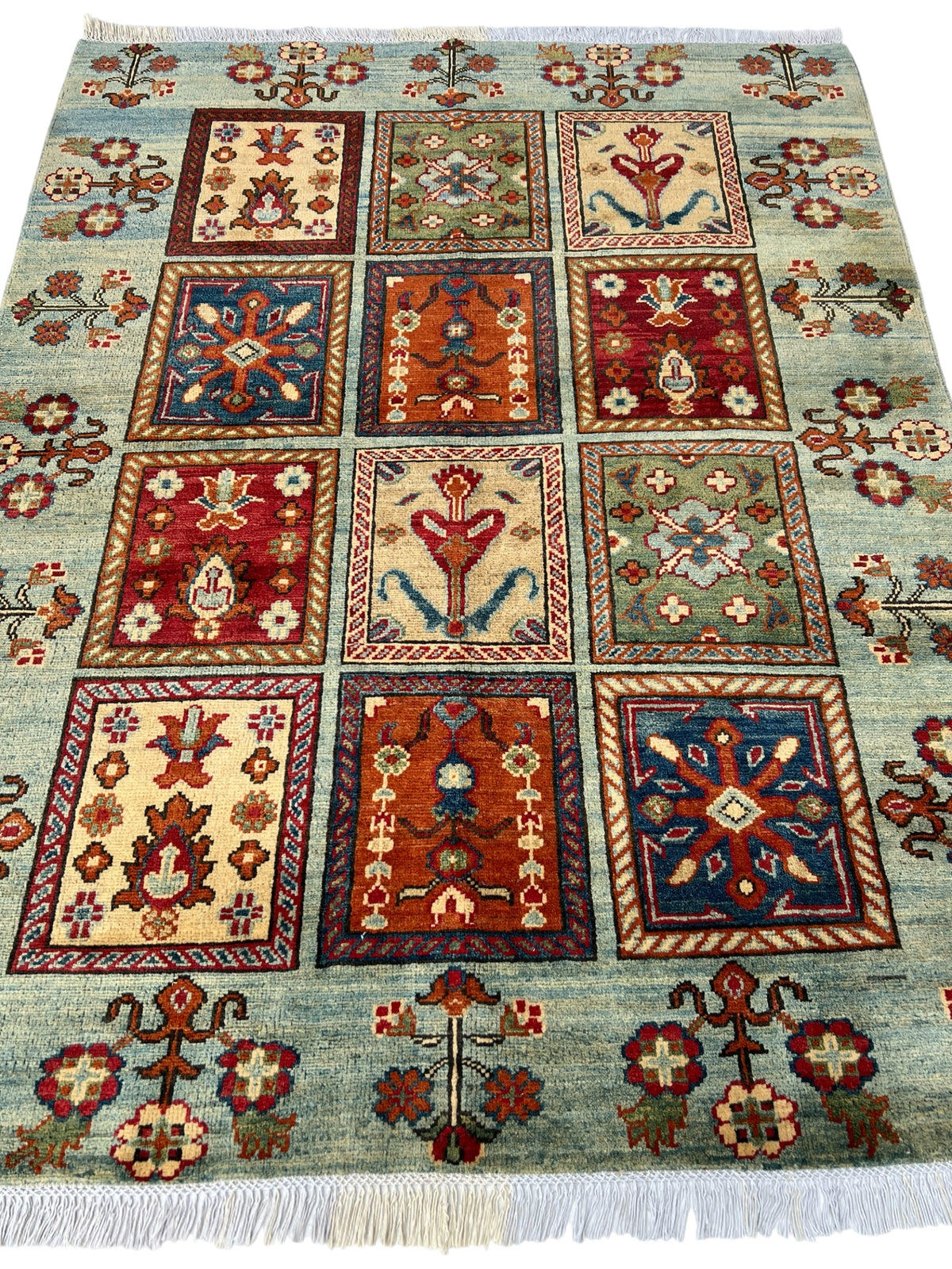 Kazak Rug 5x6 | Light Blue, Red & Gold | hand-knotted wool | full view, end