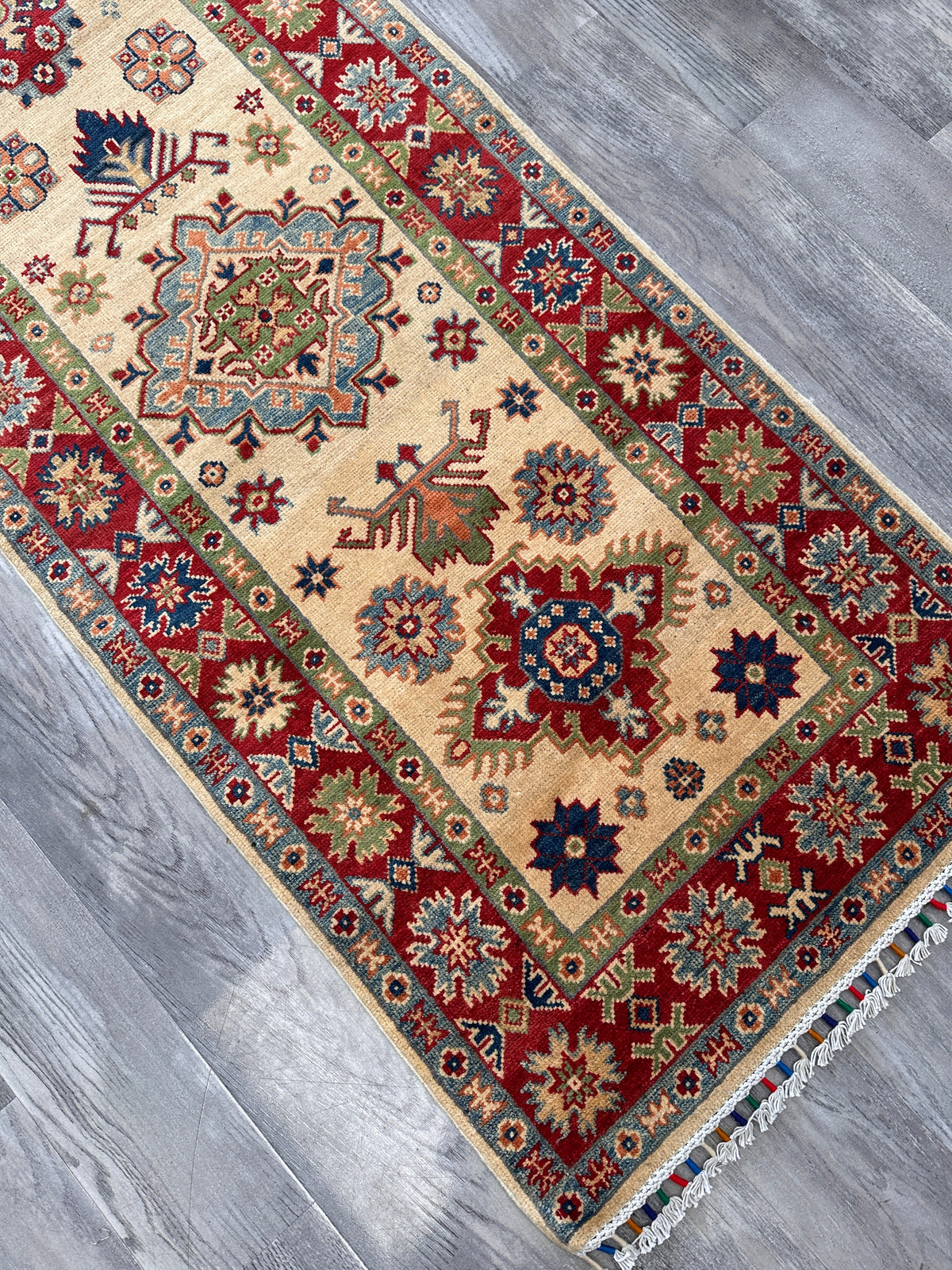 Afghan Kazak Runner 2'7" x 10'1", Hand-Knotted Wool, Cream, Red & Blue, view 4
