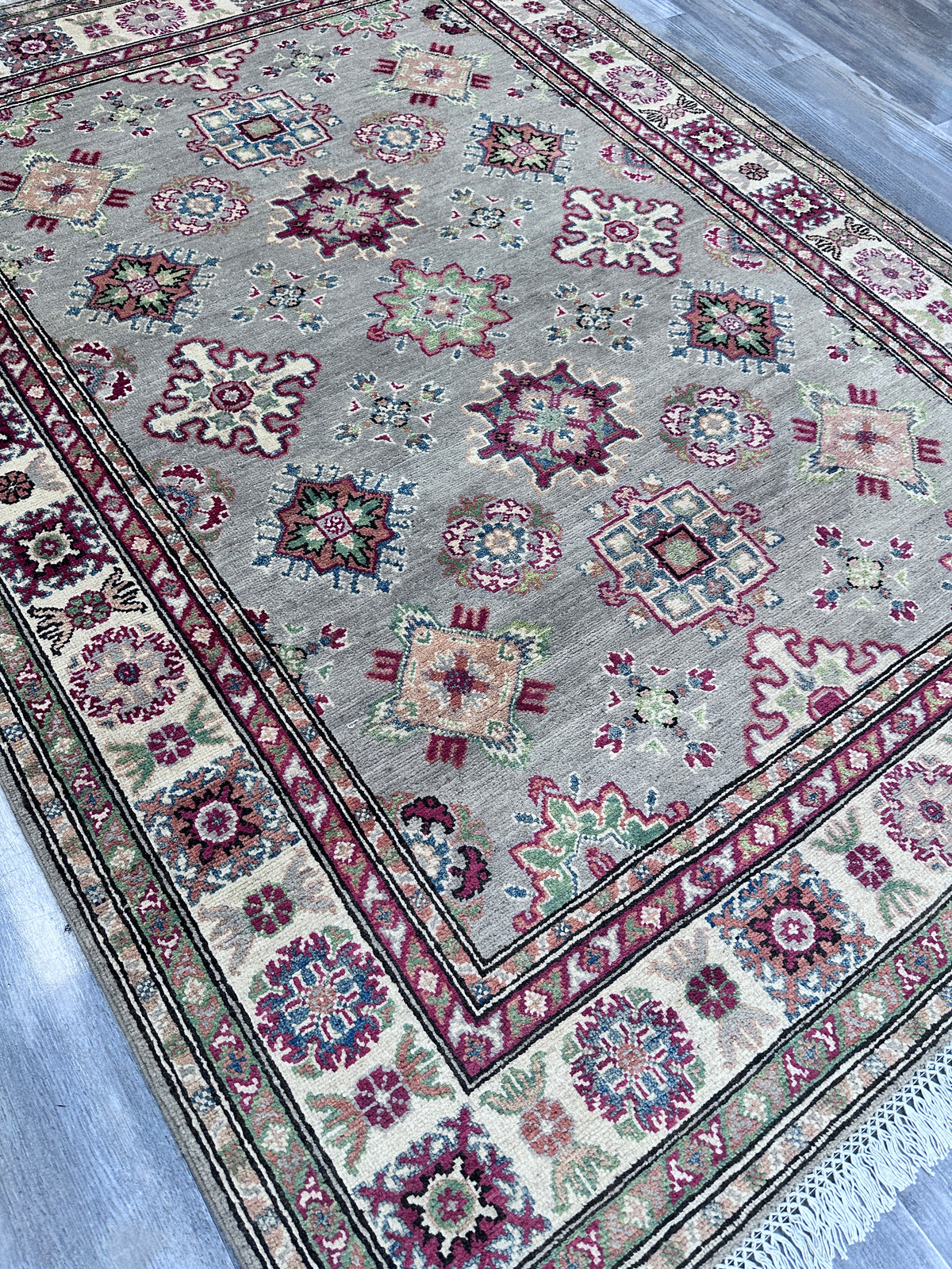 Afghan Kazak Rug 5x7, Gray, Ivory & Burgundy, Hand-Knotted Wool, view 4