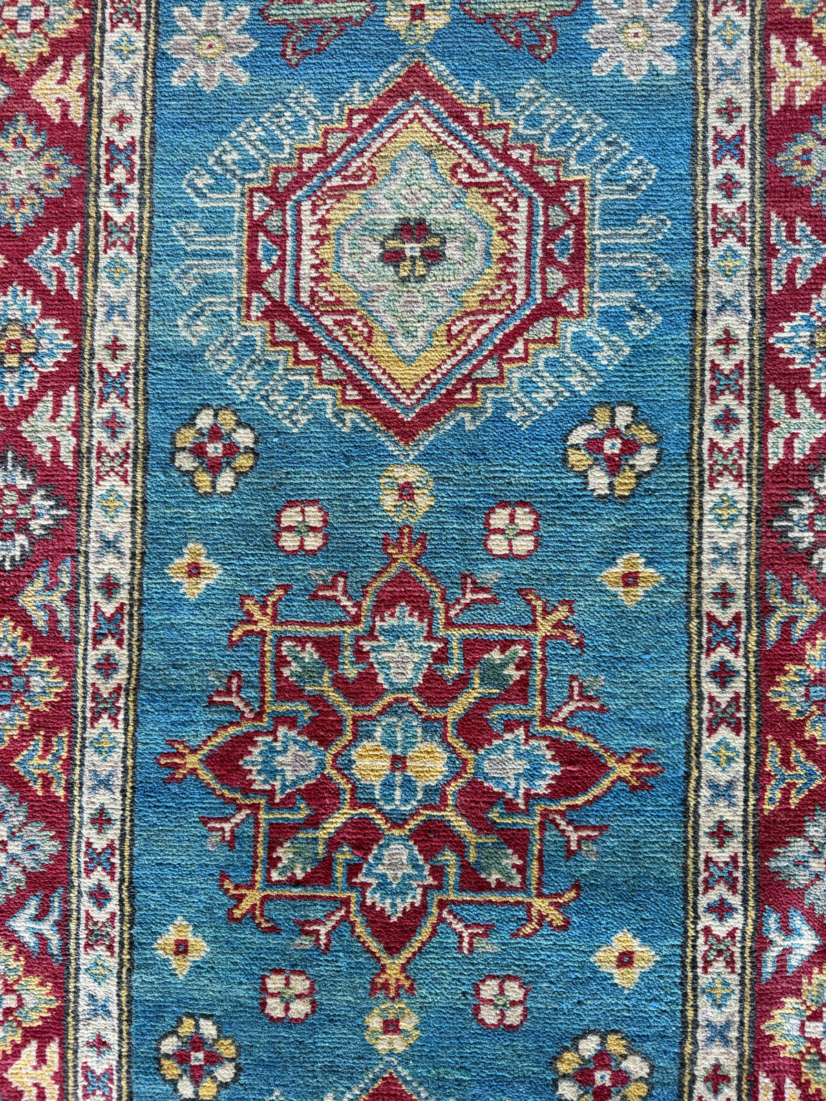 Afghan Kazak Hand-Knotted Wool Runner Rug - Sky Blue & Red