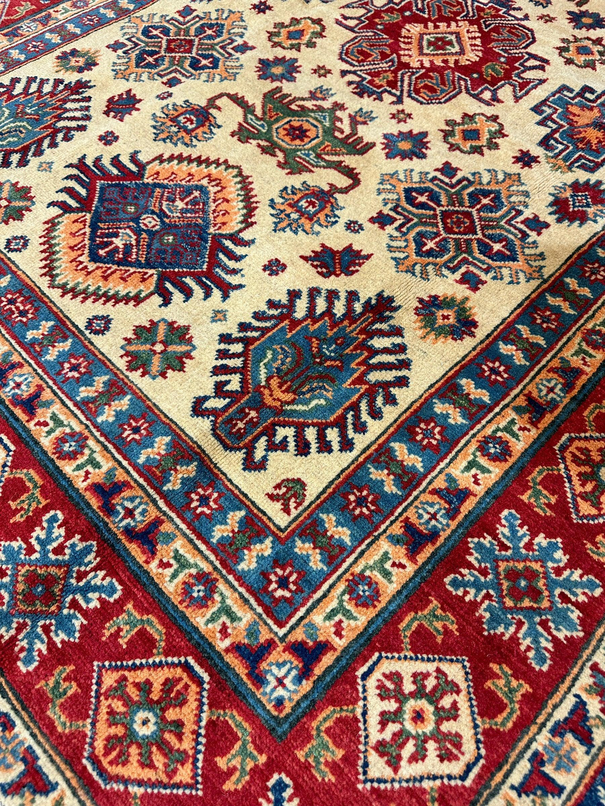 Afghan Kazak Rug 5x7, Gold, Red & Navy, Hand-Knotted Wool, view 6