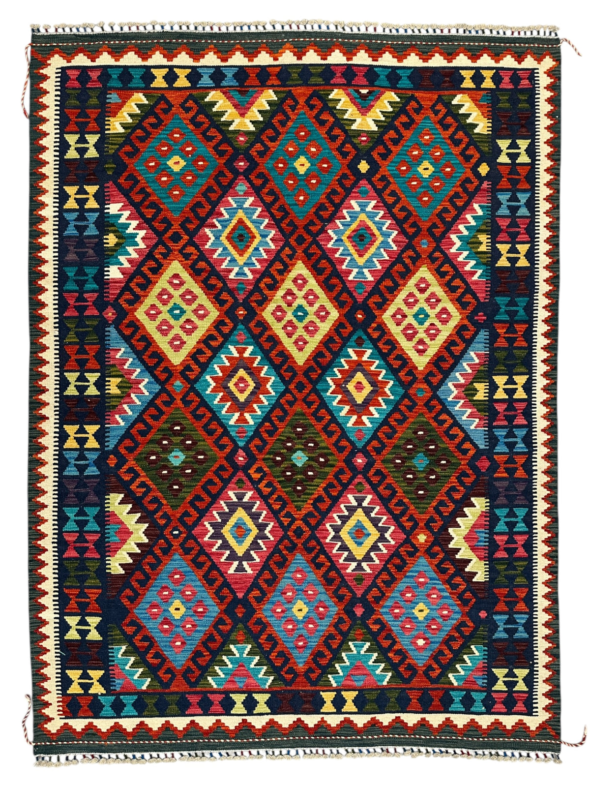 Afghan Kilim Rug 6x8, Rust, Navy & Teal, Hand-Woven Wool Flatweave