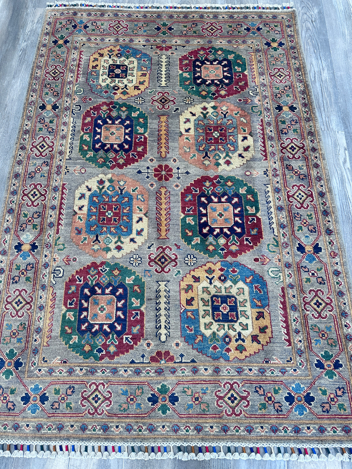 Afghan Kazak Rug 4'1" x 5'11", Hand-Knotted Wool, Gray, view 4