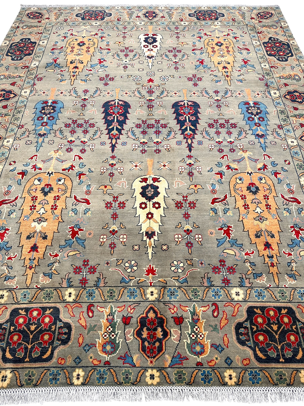 Afghan Kazak Rug 8x10, Gray, Orange & Navy, Hand-Knotted Wool, view 3