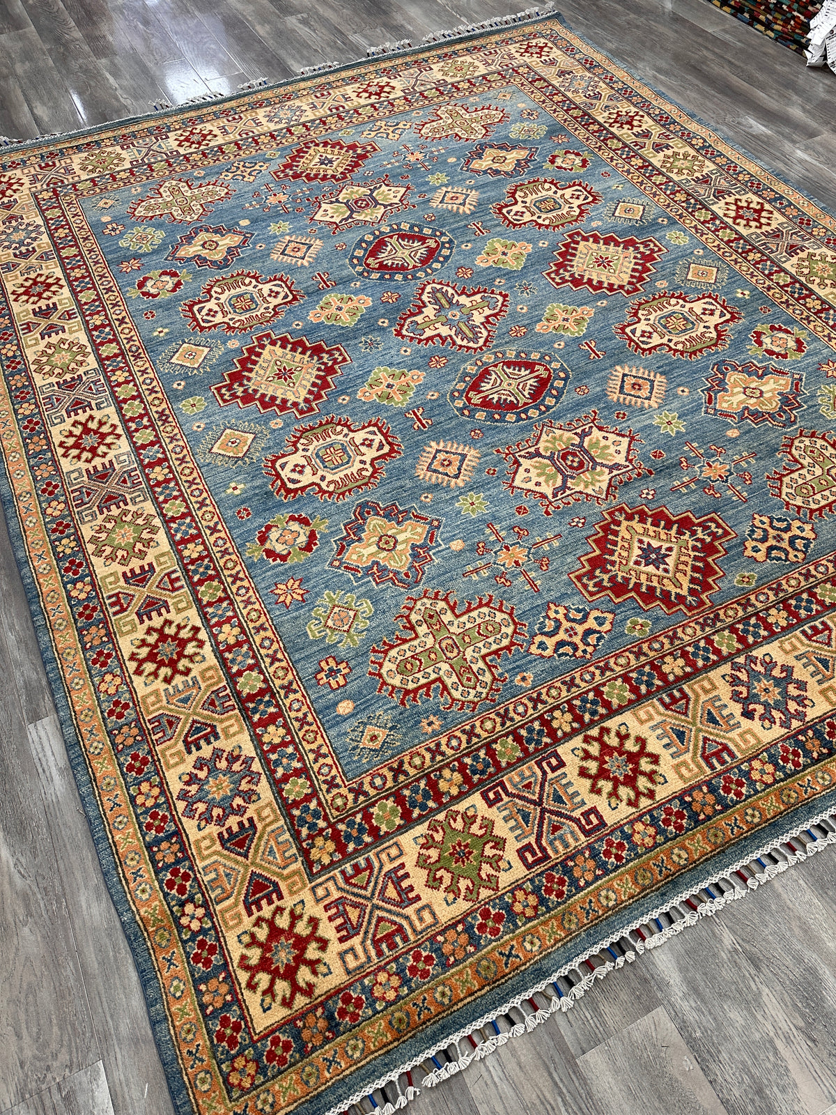 Afghan Kazak Rug 8'2" x 9'10", Hand-Knotted Wool, Blue, Cream & Red, view 4