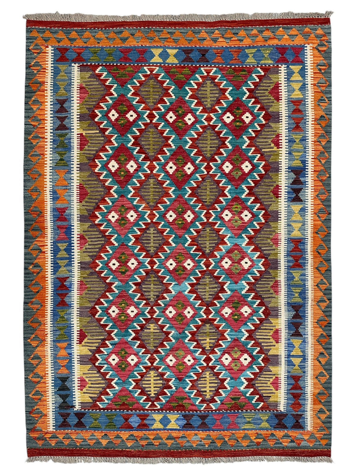 Afghan Kilim Rug 6x8, Red, Teal & Orange, Hand-Woven Wool Flatweave