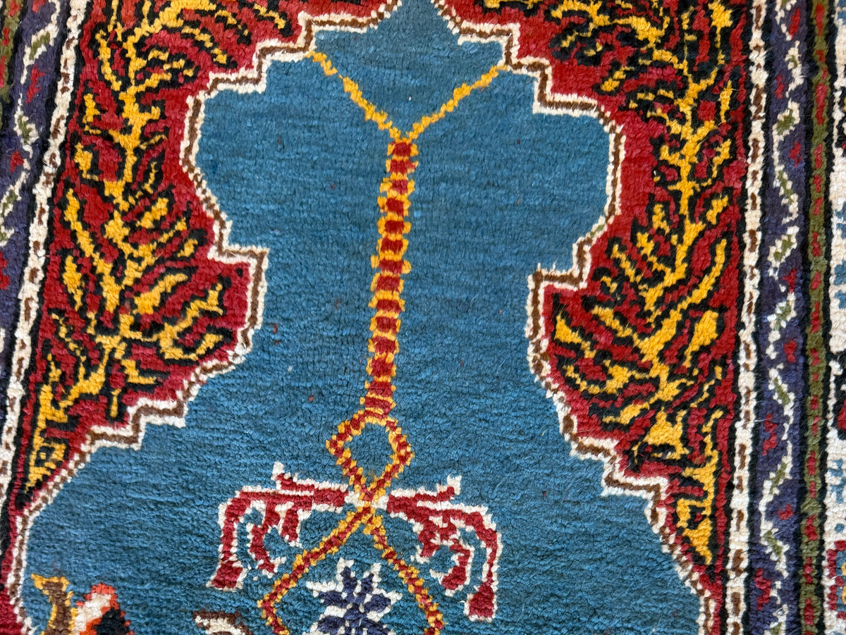 Turkish Kayseri Prayer Rug 2x2 | Blue, Ivory & Rust | Hand-Knotted Silk