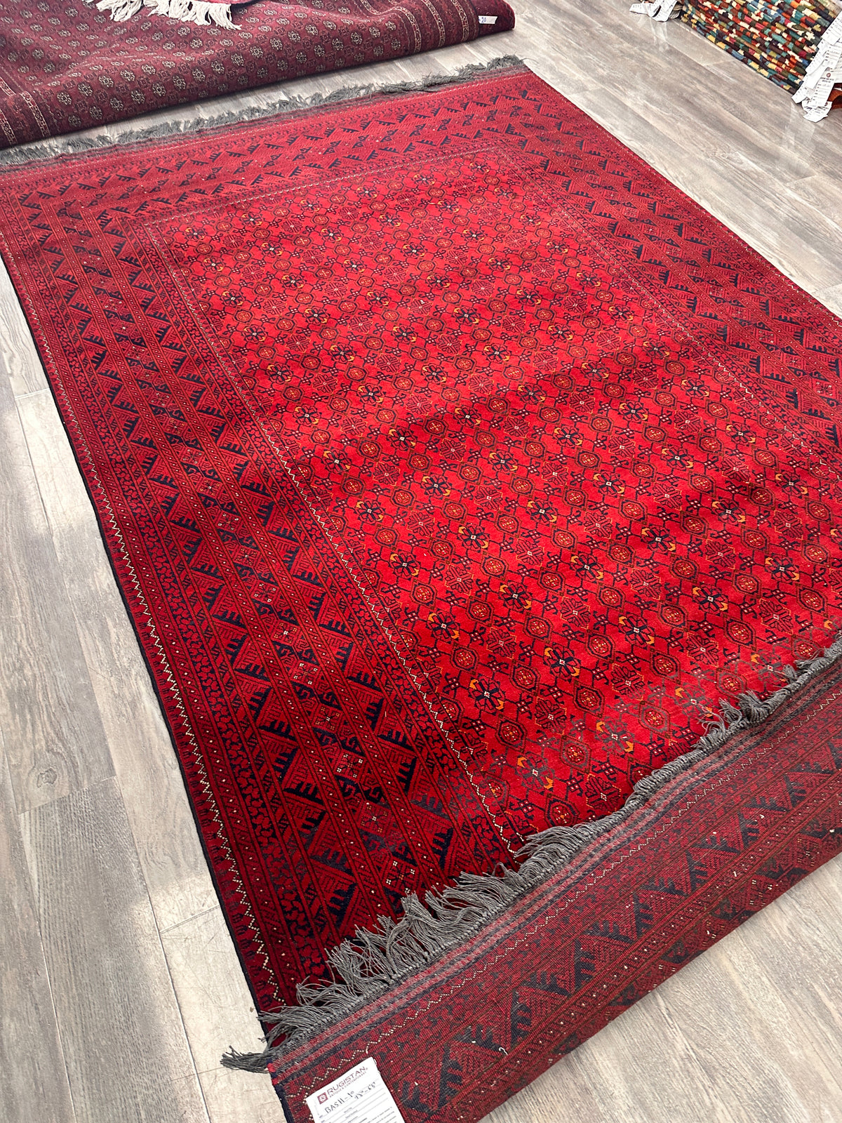 Afghan Beshir Rug 7x10, Red, Navy & Burgundy, Hand-Knotted Wool
