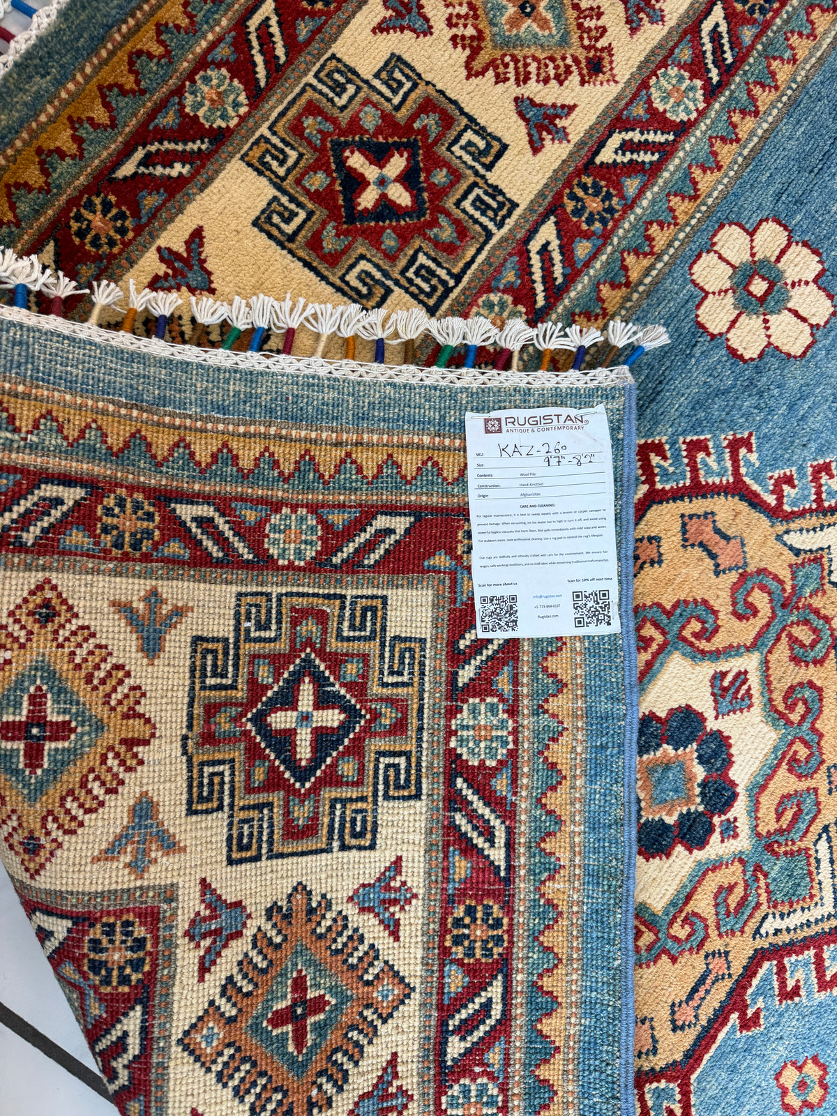 Afghan Kazak Rug 8'2" x 9'7", Hand-Knotted Wool, Blue, view 5