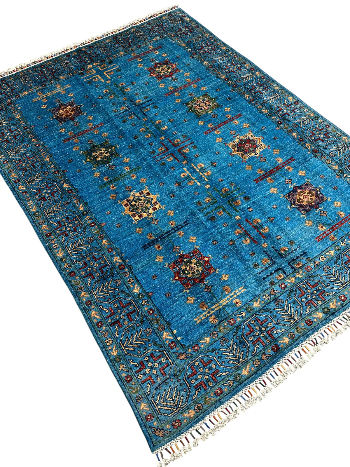 Afghan Chobi Rug 4'10" x 6'7", Hand-Knotted Wool, Blue, Red & Green, view 5