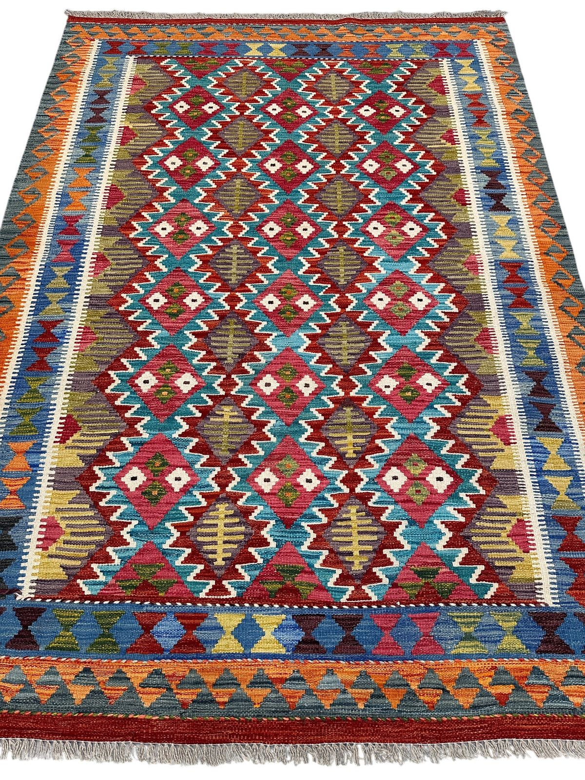 Afghan Kilim Rug 6x8, Red, Teal & Orange, Hand-Woven Wool Flatweave, view 2