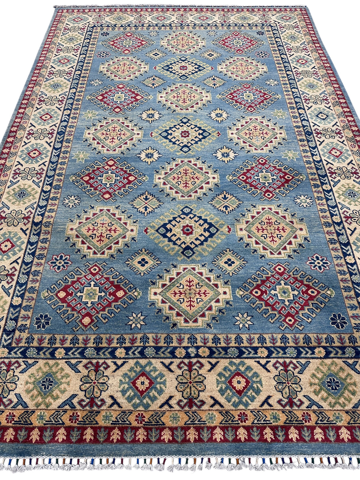 Afghan Kazak Rug 7x10, Light Blue, Ivory & Red, Hand-Knotted Wool, view 3