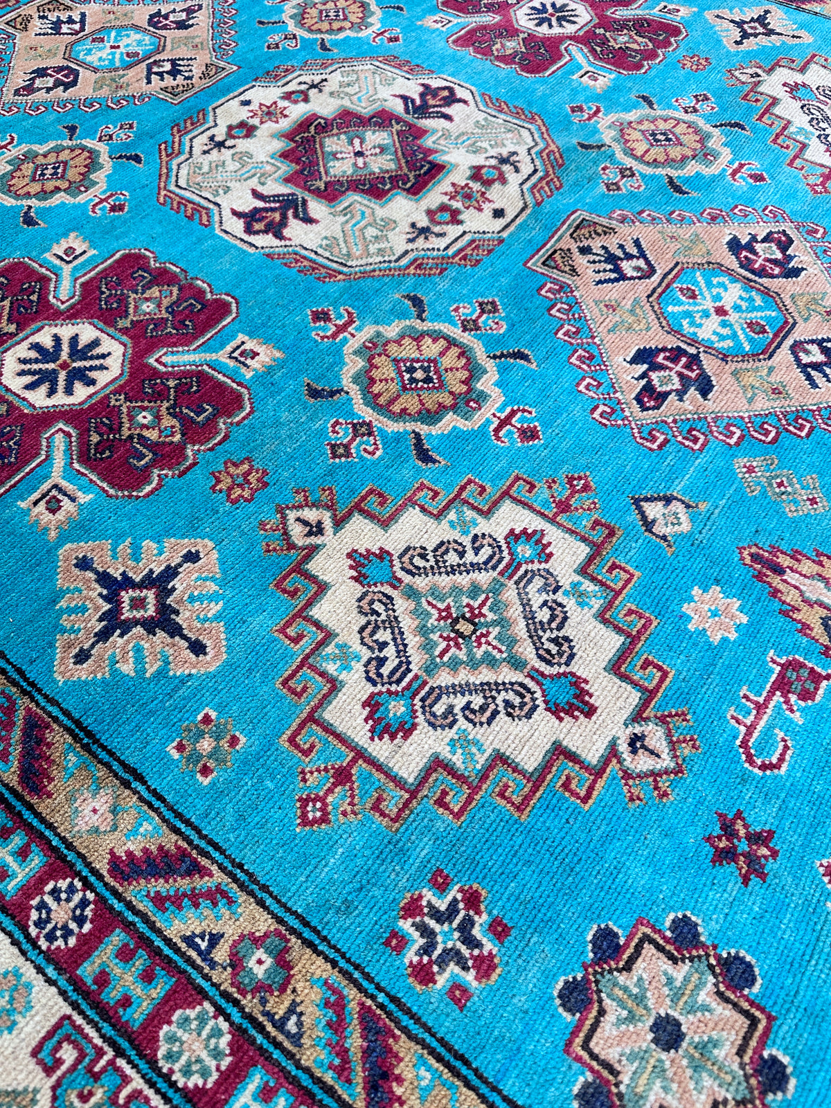Afghan Kazak Rug 6'7" x 9'9", Hand-Knotted Wool, Blue, Red & Beige, view 4